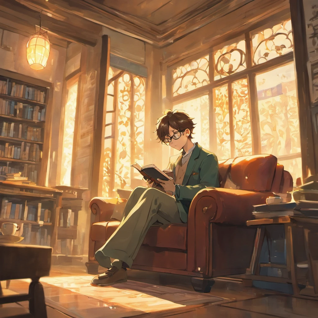 (a man reading a book),(illustration),(peaceful atmosphere),(soft lighting),(unique art style),(vibrant colors),(bright and sunny),(best quality, detail-rich),(cartoonish, Pixar-inspired),(library in the background),(reading glasses),(comfortable armchair),(coffee table with a cup of tea),(bookshelves filled with books),(gentle smile on his face),(casual attire),(sunlight streaming through the window),(book pages flipping elegantly),(smell of freshly brewed coffee)