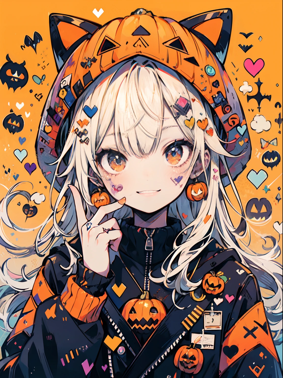 halloween theme boy with a pumpkin hat, orenge style and tattoos on face, pumpkins, smiling, hand signal heart