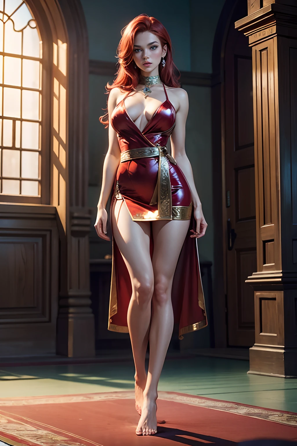 Masterpiece, high quality, 8k, One adult woman, scarlet red hair, (blue eyes), large breasts, low-cut red blue green gold silver metallic revealing small skimpy mini dress, open front, mini skirt, in a castle, fancy carpet, spaghetti strap, (dress length stops at waist), barefoot, bare-feet, realistic face, standing, Muay Thai, (highly detailed dress), audience in Gi watching,