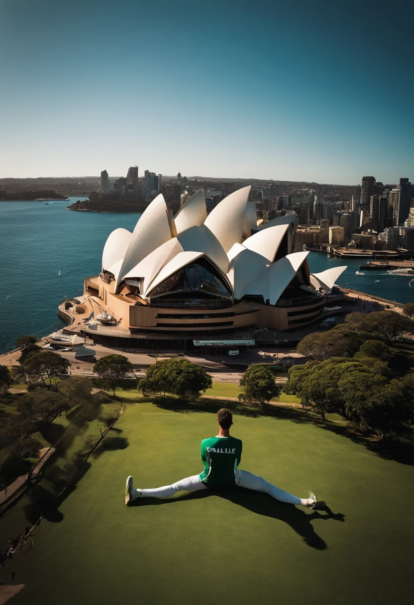 Um jovem garoto brasileiro, with a rear-facing cap, vestindo uma camisa do Palmeiras (time de futebol do Brasil) in front of Sydney's Opera House flying a drone on a sunny afternoon