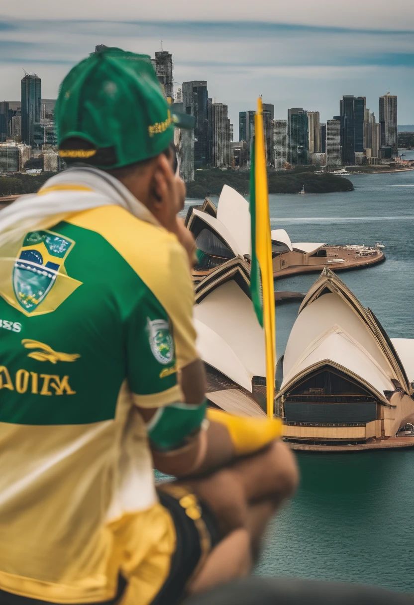 Um jovem garoto brasileiro, with a rear-facing cap, vestindo uma camisa do Palmeiras (time de futebol do Brasil) in front of Sydney's Opera House flying a drone on a sunny afternoon