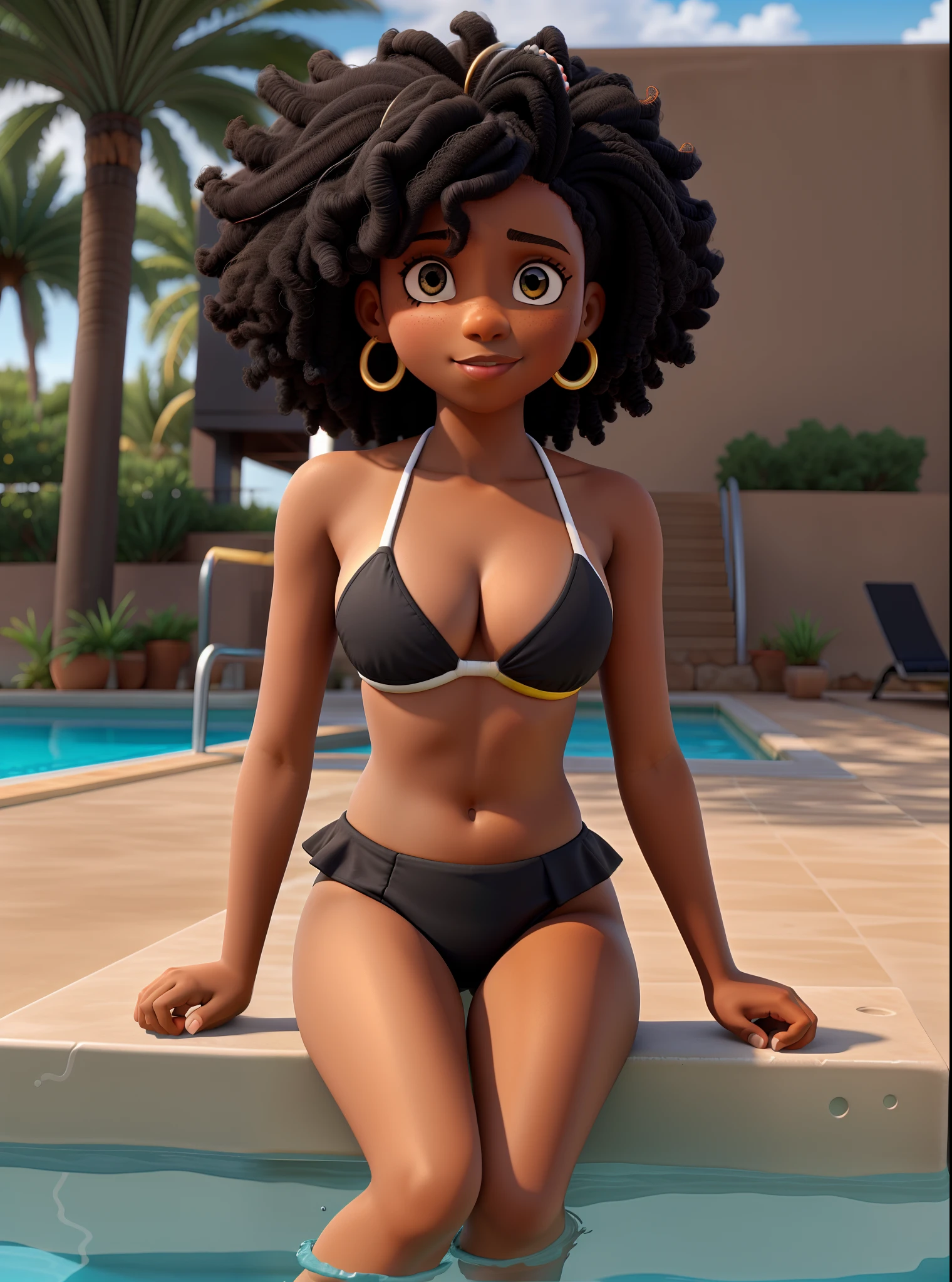 black girl in afro wearing bikini sitting on the edge of the pool