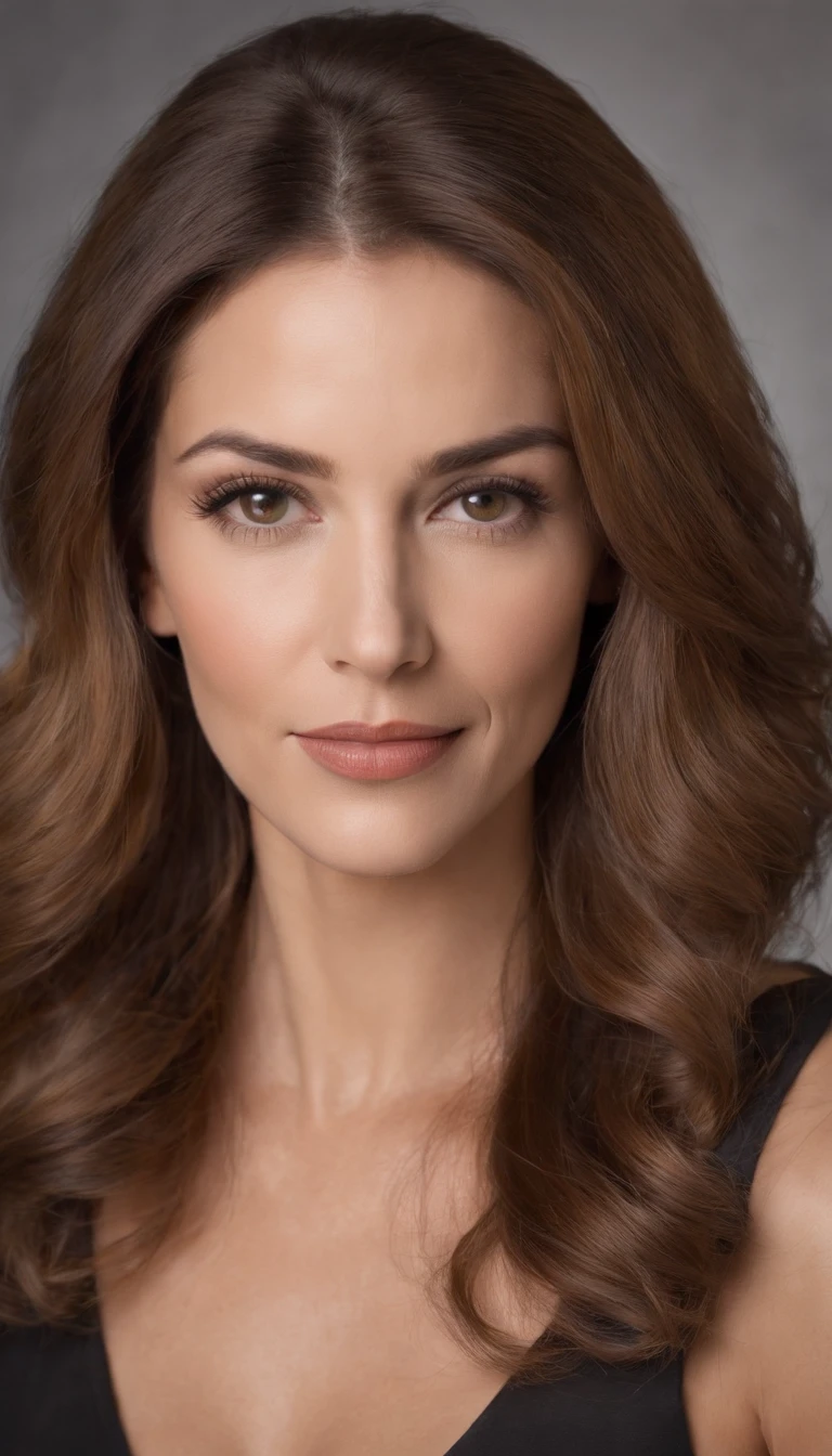 Mulher, 45 anos, com olhos castanhos,cabelos castanhos com luzes e flopados, dynamic angle shot, corpo normal com 60 kilos, 1,60 de altura, ificado, friendly smile , centrado, wide high angle view, vestindo jaleco branco de nutricionista, realista