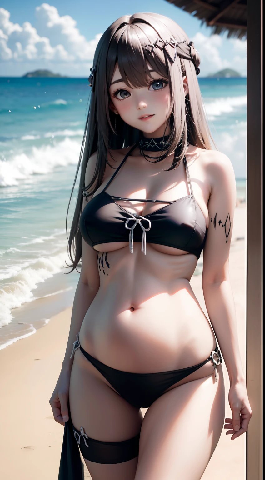 3 25-year-old woman in bikini on the beach, 3 women, Three girls in bikinis, 25-year-old female, best qualityer, 8k 3 girl standing, swimmingpool, Long hair, Teasing smile, Shoujo Mangacore, Anime tassel style, comic strip,Defined body, 比基尼, mediuml breasts. 比基尼, colorfull long hair ((3 women)) a woman in the beach,Pregnant women with,Large breasts,Large cleavage