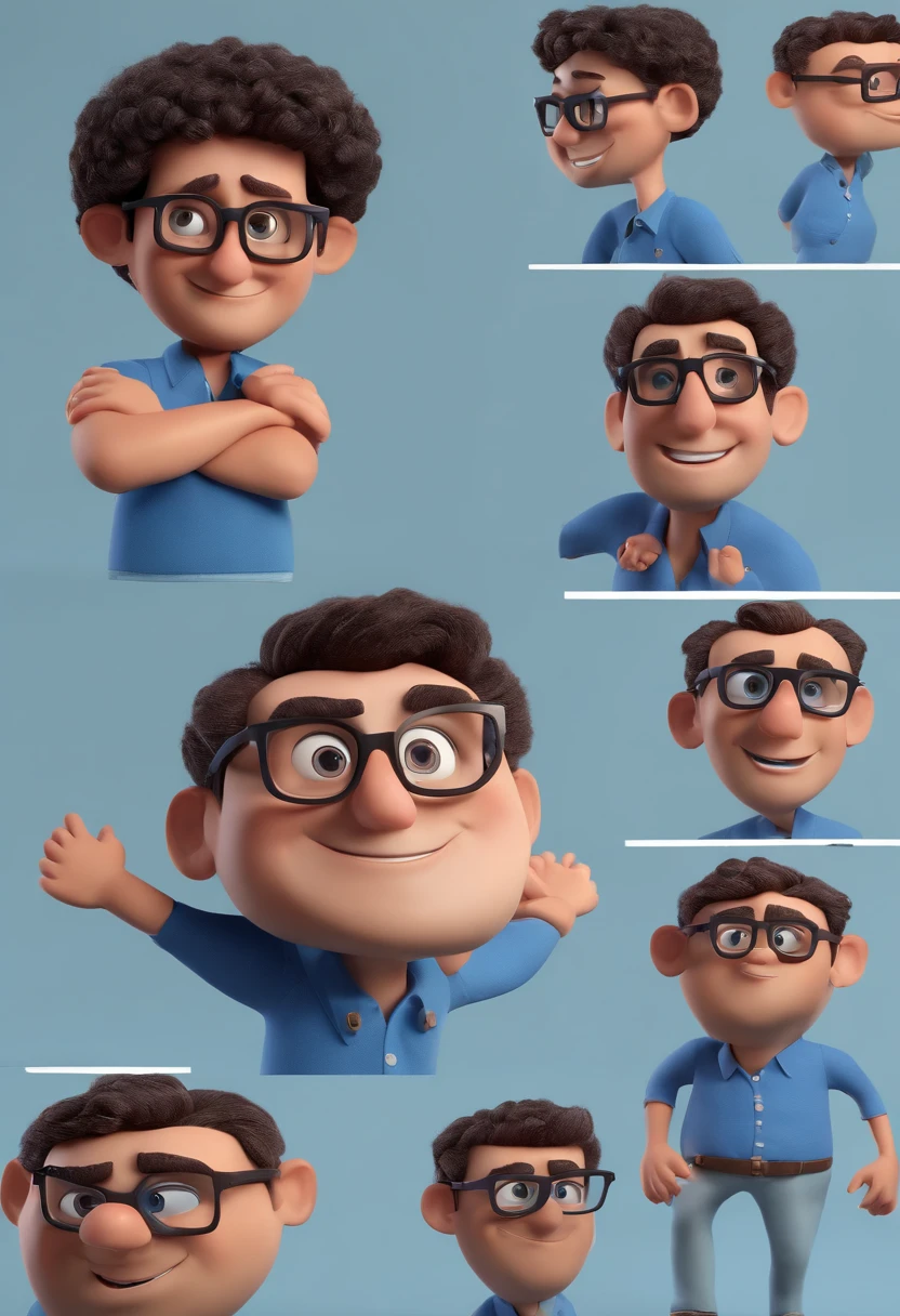 Cartoon character of a man with black glasses and a blue shirt, animation character, Caractere estilizado, animation style rendering, 3D estilizado, Arnold Maya render, 3 d render stylized, toon render keyshot, Personagem 3D, Personagem 3D, 3d rendering stylized, 3 d character render, personagem de desenho animado, Personagem de close up, Pose de personagem, (Estilo Pixar) (master part:1.2) (Bokeh) (best quality) (pele detalhada) (textura detalhada) (8k) (argila) (Cinematic lighting) (foco nítido