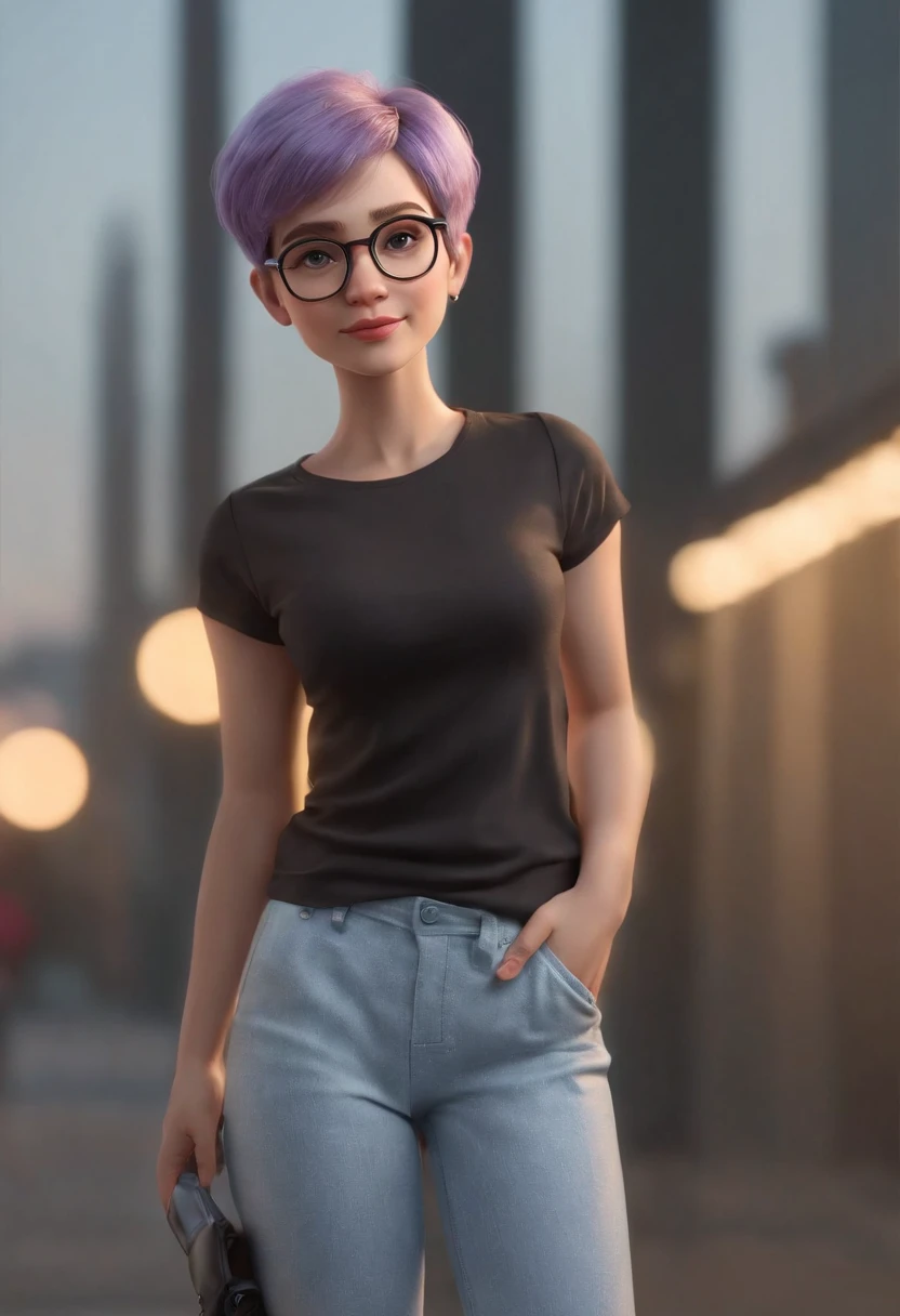 Cartoon character of a woman with lilac glasses and a black shirt, All Star Sweatpants & sneaker, cabelo curto Pixie CUT cacheado e grisalho,gordinha,boca carnuda,olhos mel,animation character, Caractere estilizado, animation style rendering, 3D estilizado, Arnold Maya render, 3 d render stylized, toon render keyshot, Personagem 3D, Personagem 3D, 3d rendering stylized, 3 d character render, personagem de desenho animado, Personagem de close up, Pose de personagem, (Estilo Pixar) (master part:1.2) (Bokeh) (best quality) (pele detalhada branca) (textura detalhada) (8k) (Cinematic lighting)