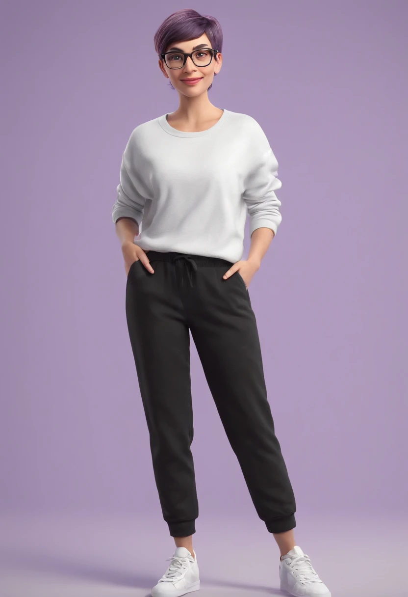 Cartoon character of a woman with lilac glasses and a black shirt, All Star Sweatpants & sneaker, cabelo curto Pixie CUT cacheado e grisalho,gordinha,boca carnuda,olhos mel,animation character, Caractere estilizado, animation style rendering, 3D estilizado, Arnold Maya render, 3 d render stylized, toon render keyshot, Personagem 3D, Personagem 3D, 3d rendering stylized, 3 d character render, personagem de desenho animado, Personagem de close up, Pose de personagem, (Estilo Pixar) (master part:1.2) (Bokeh) (best quality) (pele detalhada branca) (textura detalhada) (8k) (Cinematic lighting)