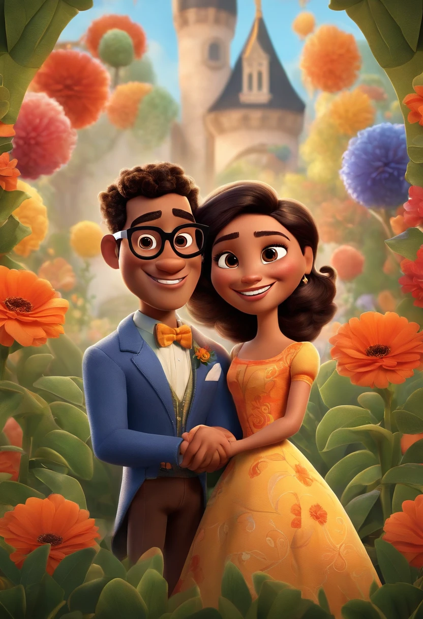 Create a Pixar-style poster titled 'The Tobias' She's a brunette, cabelos cacheados na altura dos ombros, sorridente, usando um vestido, And he's a media mulatto , wearing glasses and suit, smiling against a floral backdrop with vibrant Disney Pixar colors and textures with a couple. arte digital deve evocar o estilo da Pixar, Reminiscent of animated features. Focus on character expressions, cores vibrantes, e texturas altamente detalhadas