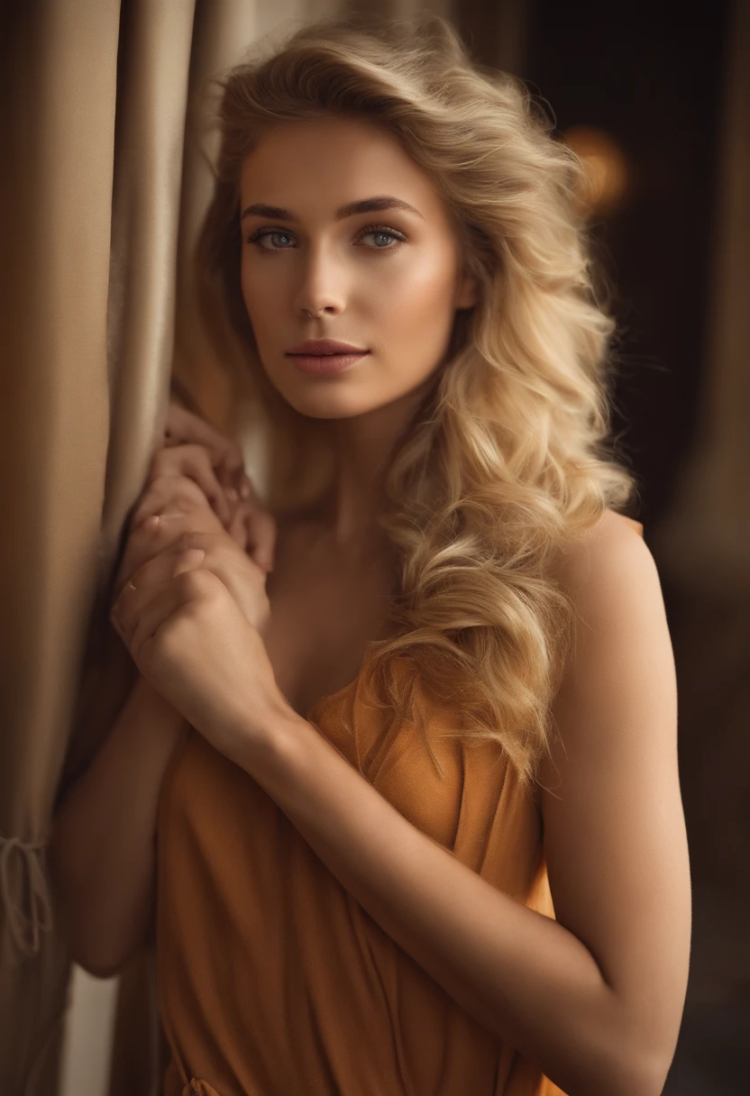 Photo d’une jeune fille debout européenne de 20 ans, .RAW, beauté, (cheveux blonds ondulés extra longs), ((face détaillée:1.2)), ((traits détaillés du visage)), (peau finement détaillée), peau pâle, , enveloppé dans un drap, habillé, influenceuse
