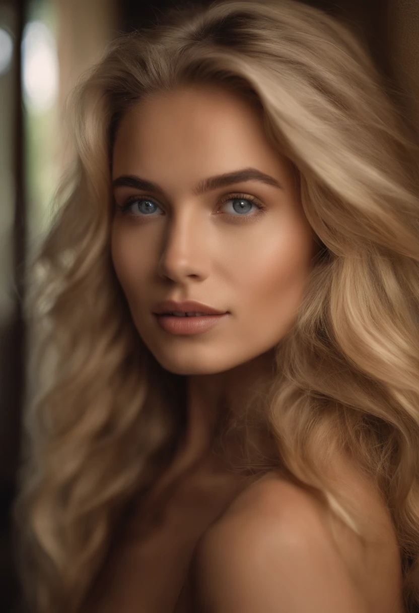 arafed woman fully , sexy girl with blue eyes, ultra realistic, meticulously detailed, portrait sophie mudd, blonde hair and large eyes, selfie of a young woman, bedroom eyes, violet myers, without makeup, natural makeup, looking directly at the camera, face with artgram, subtle makeup, stunning full body stretching in the sunshine in bedroom, large size bust