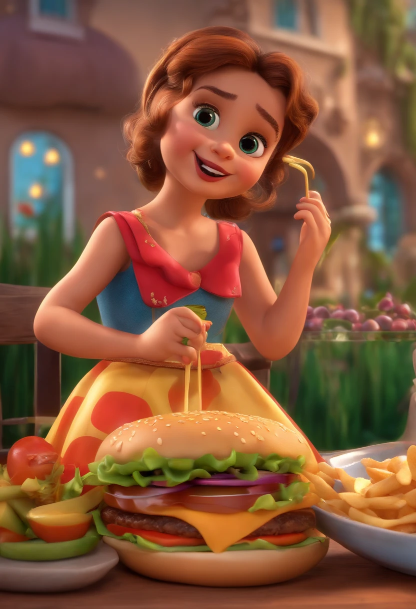 Hacer una chica, Tiene hambre, como Disney Cartoon, He's eating hamburger, Pixar, ..3D, Disney