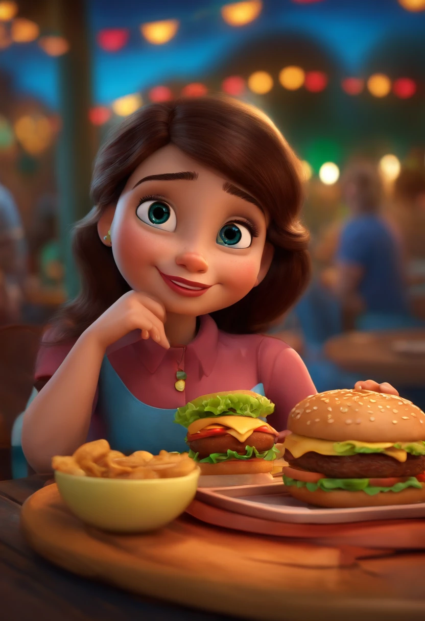 Hacer una chica, Tiene hambre, como Disney Cartoon, He's eating hamburger, Pixar, ..3D, Disney