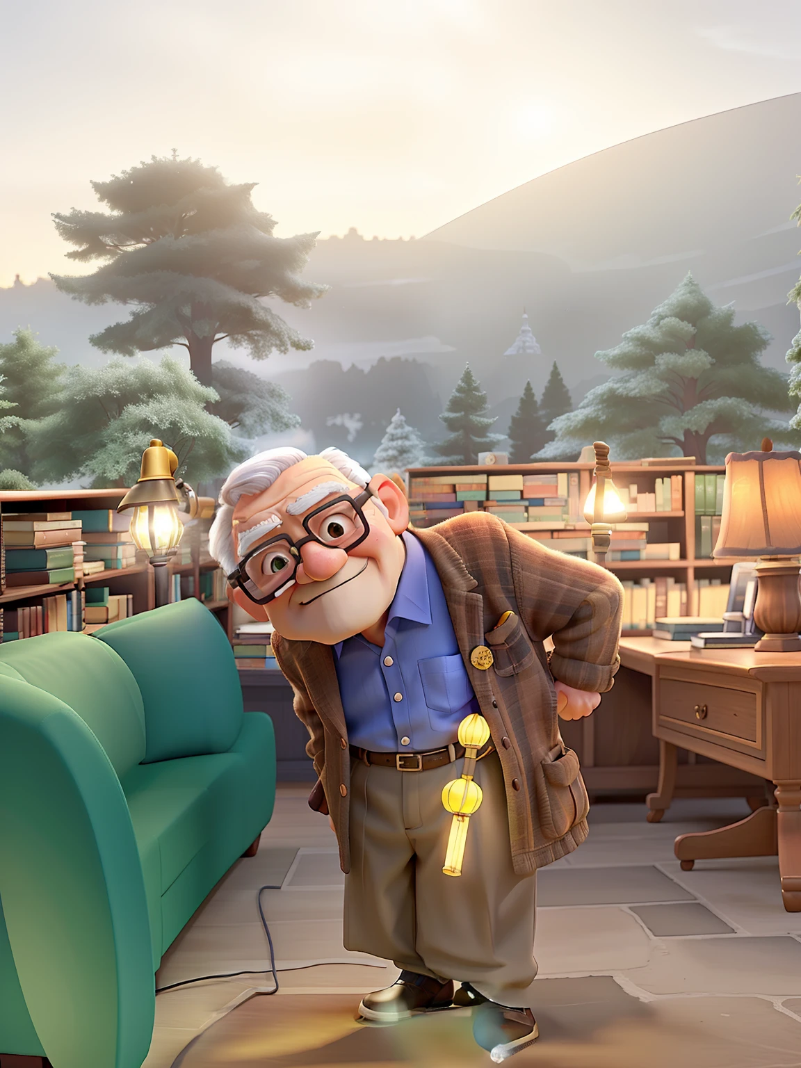 A wise old man standing in front, illuminated by the light of a lamp, against the backdrop of a library