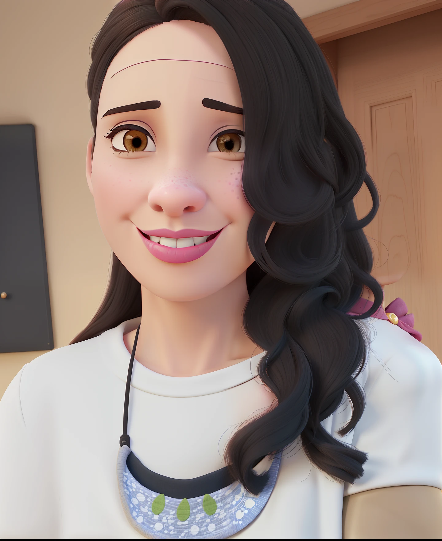 create an animated character in The Magical Family Madrigal style, 40 year old woman, white with long black hair, Brown eyes, full mouth with pink lipstick, small nose, spots on the left side of the face near the nose, slim, high, beige pants, white t-shirt with peanuts and charlie Brown print pink lipstick, colombian animation poster background