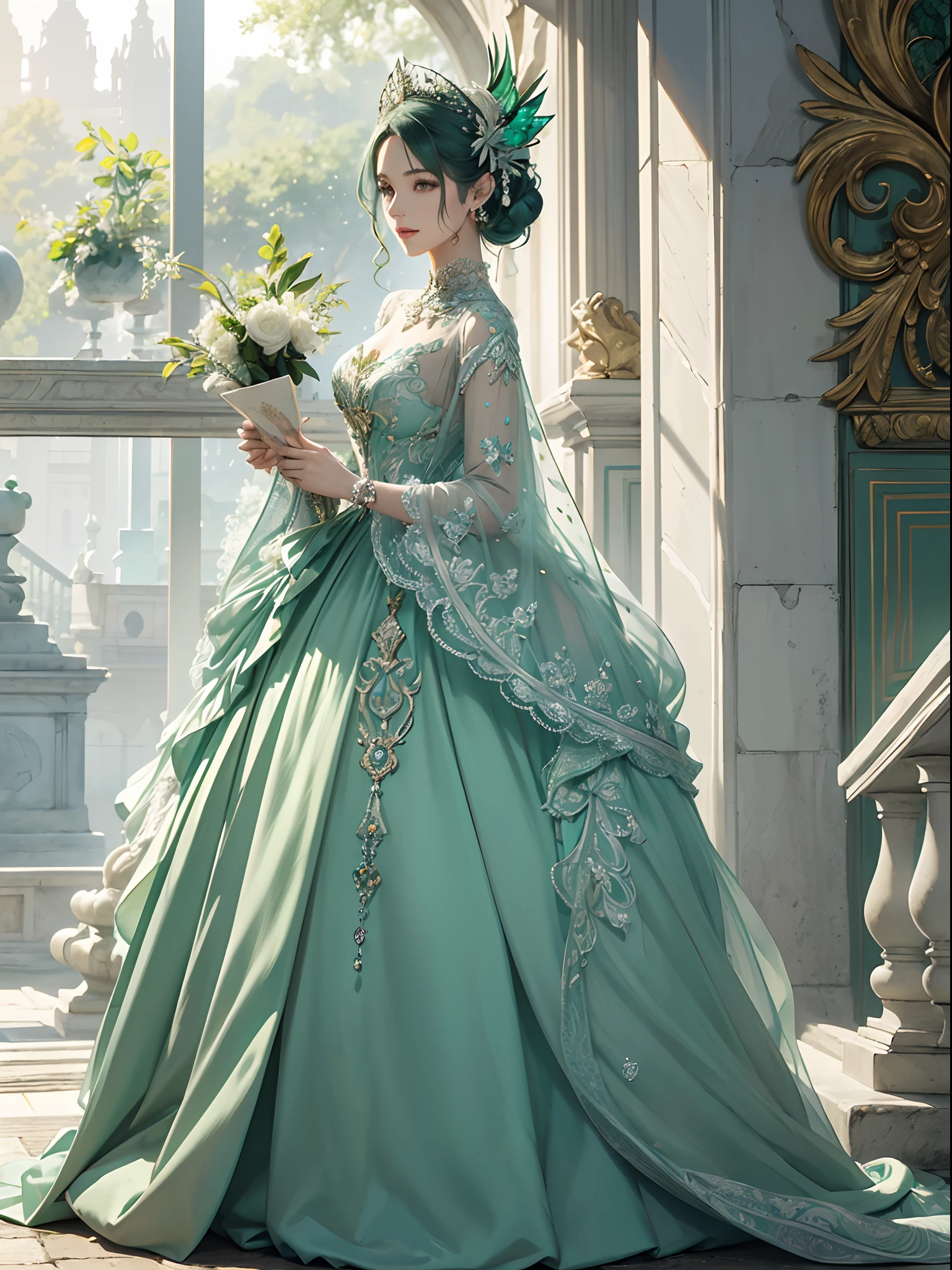 Green and silver tones、Vibrant colors、((masterpiece)))、(((top-quality)))、((ultra-detailliert))、(A hyper-realistic)、(highly detailed CGillustration)、Official art、Rome at the beginning of the 20th century、Decadent、Madame Papillon、Masquerade、Elegance、Masks that cover most of the face、Colorful and detailed mask design、matchless beauty、Fans、gorgeous dress、jewely、Perfect Angle、perfect-composition、full body Esbian