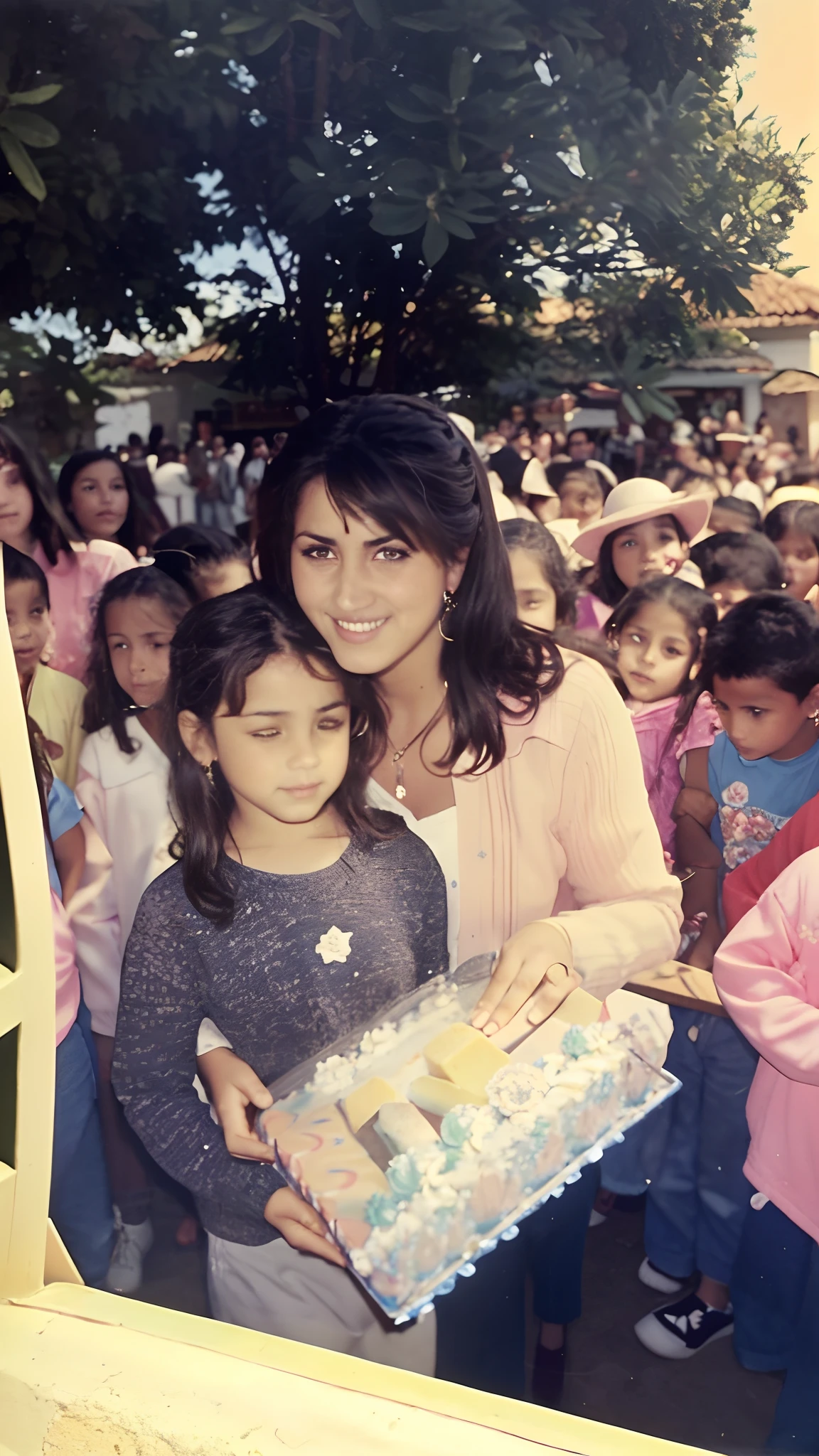 There's a woman holding a cake with a bunch of kids around her, 3 5 year brazilian mother, tiradas em meados dos anos 2000, taken in the early 1990s, tiradas no final dos anos 2000, imagem antiga, quatro anos, Alanis Guillen, unknown location