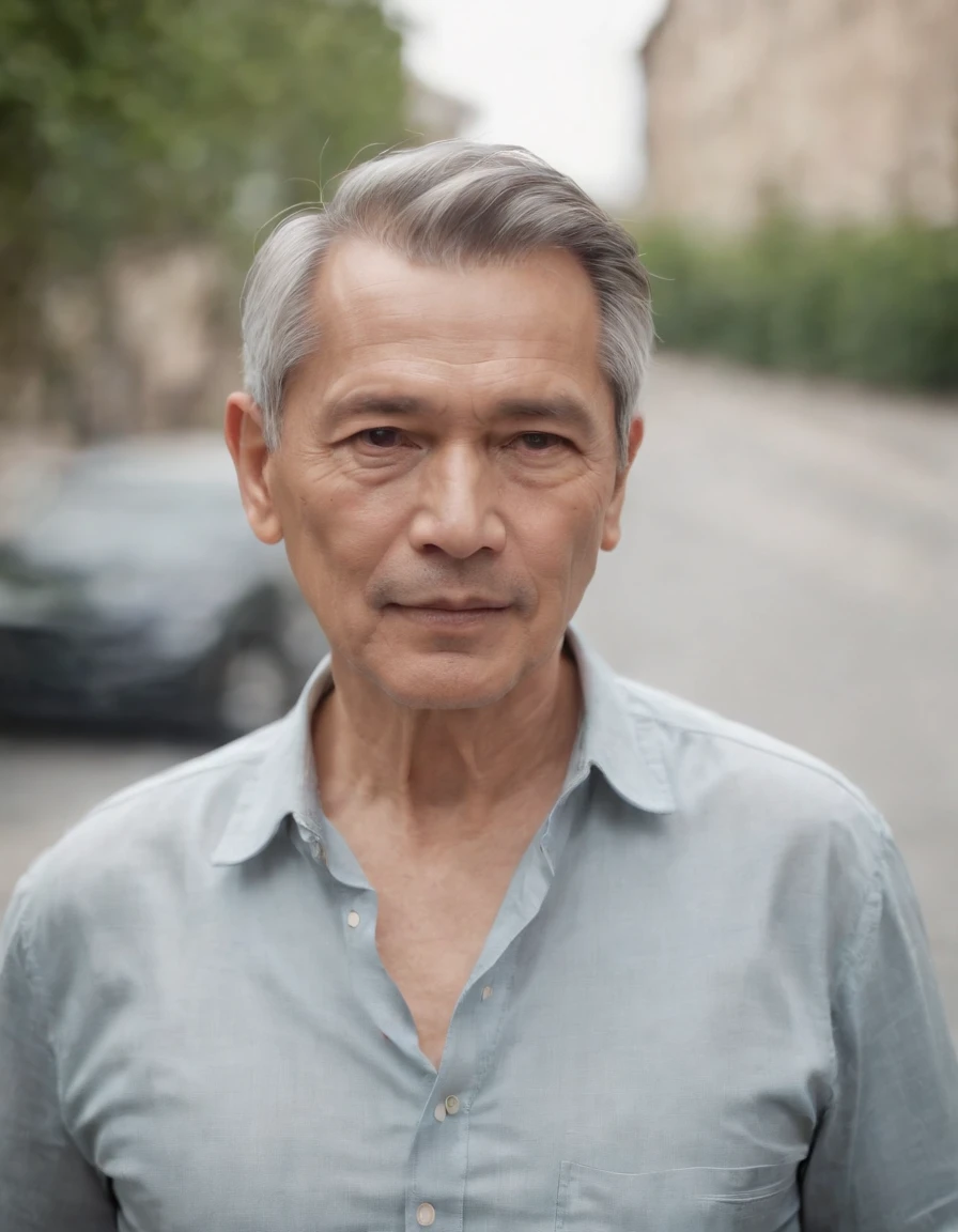 57-year-old man)) Wearing a short shirt, Long pants ,Upper body naked、leisure, Street.((Upper body))