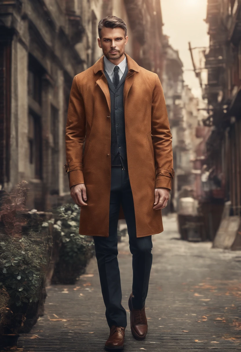 Full body photo portrait photo of handsome man、sideways eyes、gaze、Wearing a mecha coat((Light bokeh))、Convoluted、(steel metal[rust])、elegent、foco nítido、Photo by Greg Rutkowski、Soft lighting、bright colour、​masterpiece、(a street))、autumnal、sad、