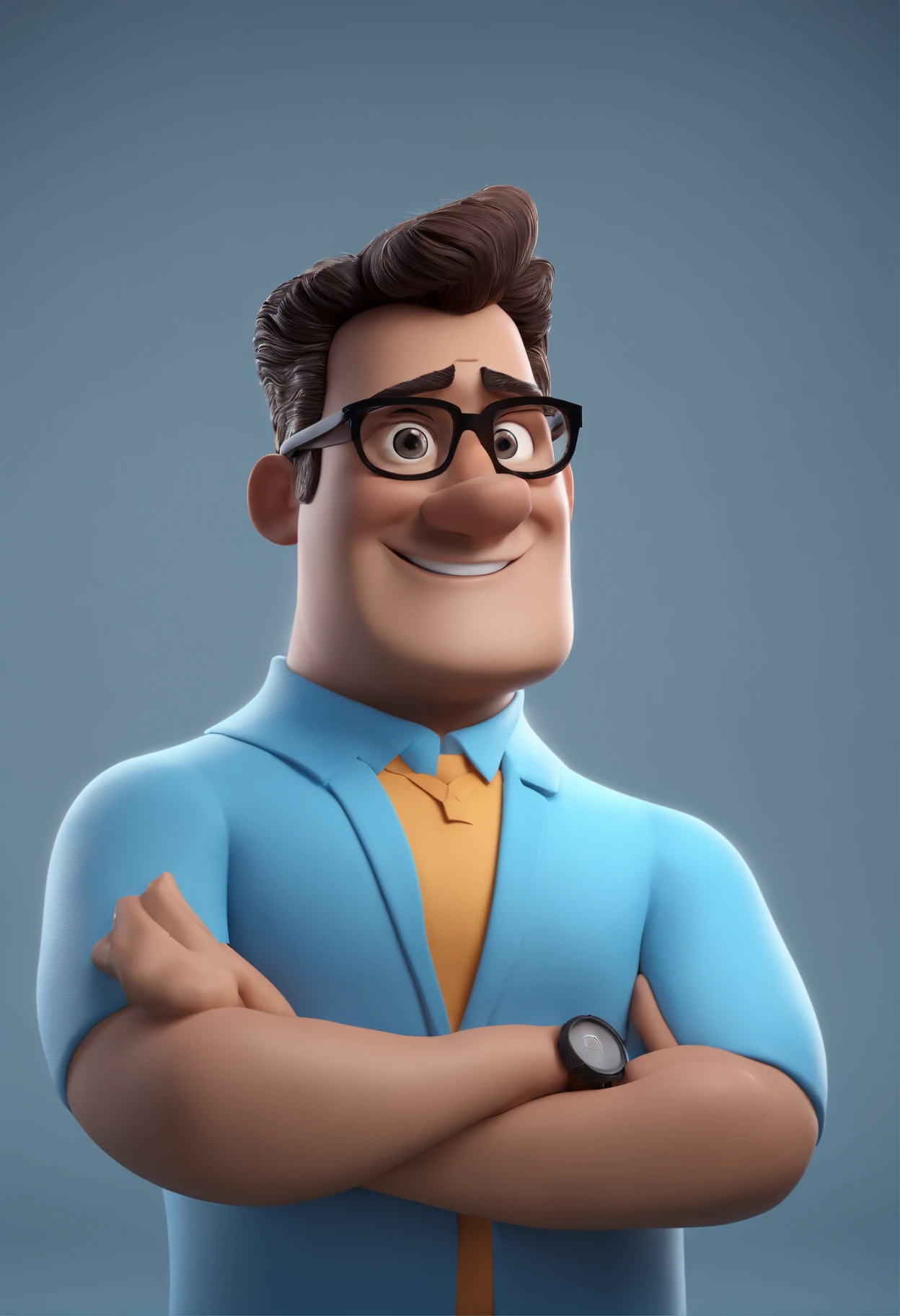 Cartoon character of a man with black glasses and a blue shirt, animation character, Caractere estilizado, animation style rendering, 3D estilizado, Arnold Maya render, 3 d render stylized, toon render keyshot, Personagem 3D, Personagem 3D, 3d rendering stylized, 3 d character render, personagem de desenho animado, Personagem de close up, Pose de personagem, (Estilo Pixar) (master part:1.2) (Bokeh) (best quality) (pele detalhada) (textura detalhada) (8k) (argila) (Cinematic lighting) (foco nítido