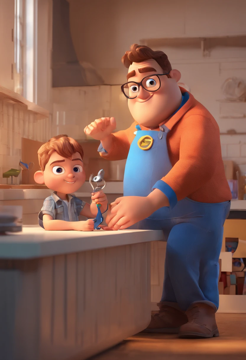 Estilo Pixar: The grown man is holding a naked blue-eyed boy and in his other hand he is holding a pair of scissors and is trying to cut off the boy's testicles,3D Poster,Disney