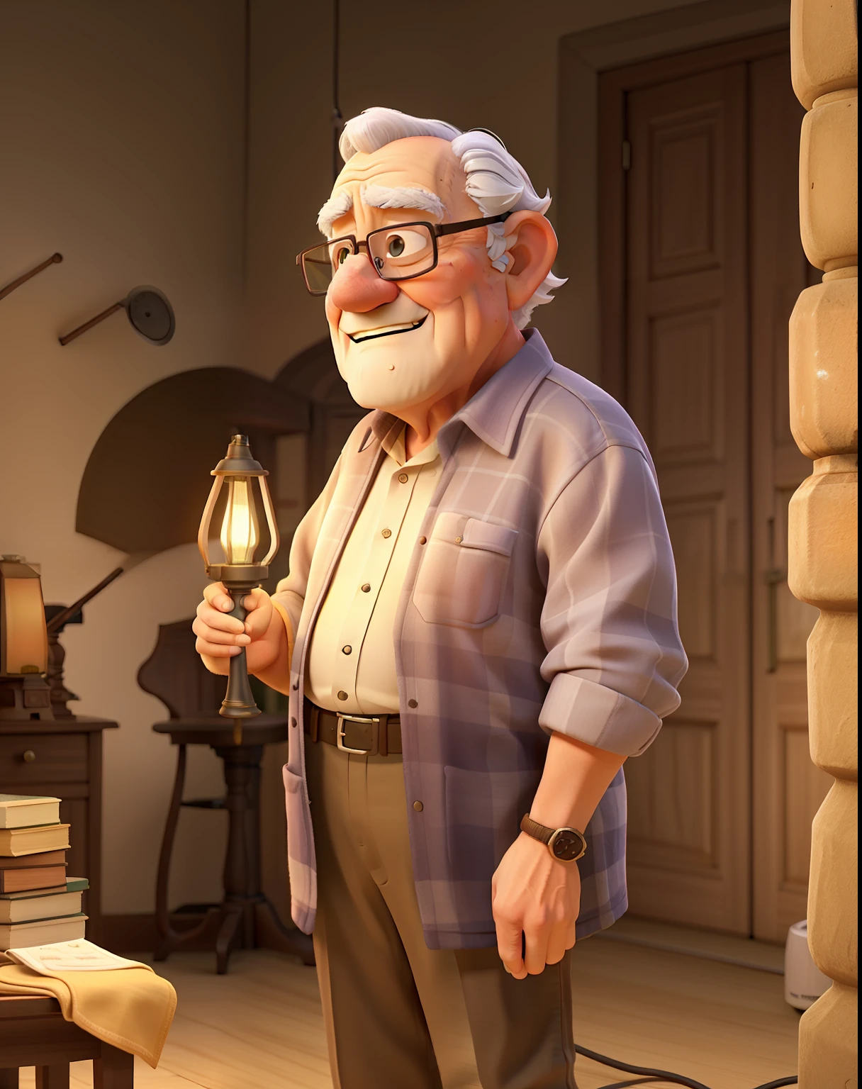 A wise old man standing in front, illuminated by the light of a lamp, contra o pano de fundo de uma padaria