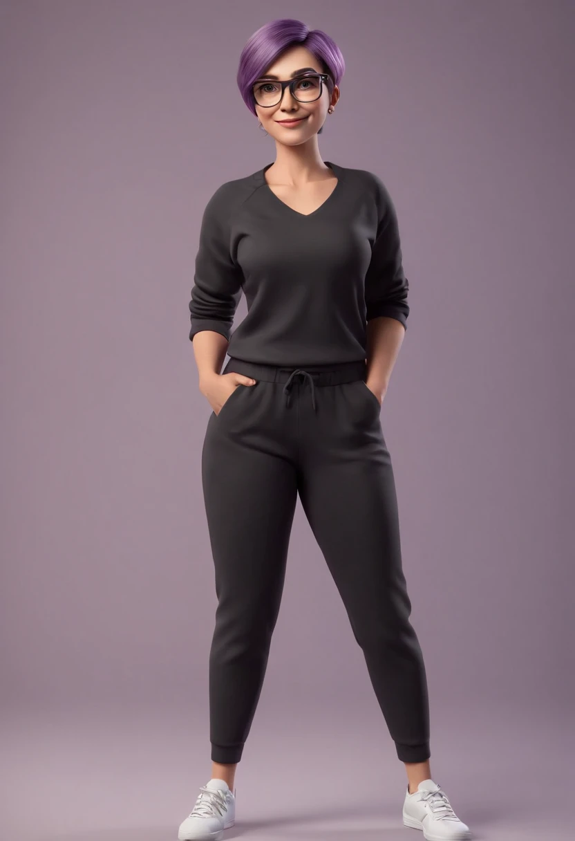 Cartoon character of a woman with lilac colored glasses and a black shirt, All Star Sweatpants & sneaker, cabelo curto Pixie CUT cacheado grisalho,gordinha,boca carnuda,olhos mel,animation character, Caractere estilizado, animation style rendering, 3D estilizado, Arnold Maya render, 3 d render stylized, toon render keyshot, Personagem 3D, Personagem 3D, 3d rendering stylized, 3 d character render, personagem de desenho animado, Personagem de close up, Pose de personagem, (Estilo Pixar) (master part:1.2) (Bokeh) (best quality) (pele detalhada branca) (textura detalhada) (8k) (Cinematic lighting)