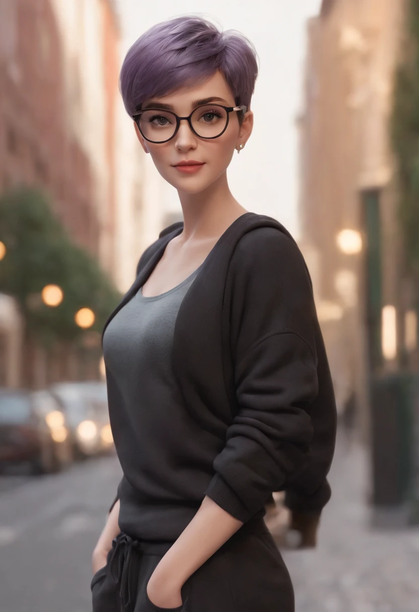 Cartoon character of a woman with lilac colored glasses and a black shirt, All Star Sweatpants & sneaker, cabelo curto Pixie CUT cacheado grisalho,gordinha,boca carnuda,olhos mel,animation character, Caractere estilizado, animation style rendering, 3D estilizado, Arnold Maya render, 3 d render stylized, toon render keyshot, Personagem 3D, Personagem 3D, 3d rendering stylized, 3 d character render, personagem de desenho animado, Personagem de close up, Pose de personagem, (Estilo Pixar) (master part:1.2) (Bokeh) (best quality) (pele detalhada branca) (textura detalhada) (8k) (Cinematic lighting)