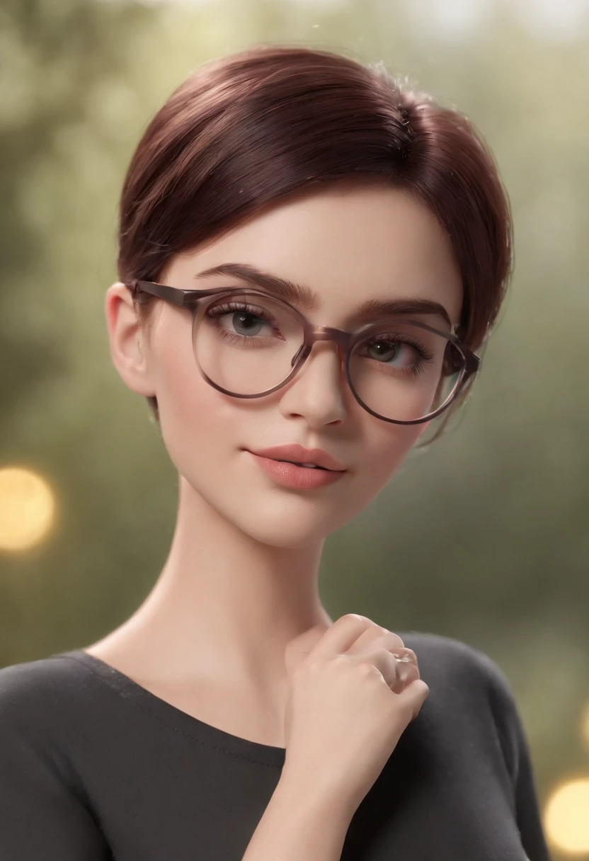 Cartoon character of a woman with lilac colored glasses and a black shirt, All Star Sweatpants & sneaker, cabelo curto Pixie CUT cacheado grisalho,gordinha,boca carnuda,olhos mel,animation character, Caractere estilizado, animation style rendering, 3D estilizado, Arnold Maya render, 3 d render stylized, toon render keyshot, Personagem 3D, Personagem 3D, 3d rendering stylized, 3 d character render, personagem de desenho animado, Personagem de close up, Pose de personagem,  (Estilo Pixar) (master part:1.2) (Bokeh) (best quality) (pele detalhada branca) (textura detalhada) (8k) (Cinematic lighting)