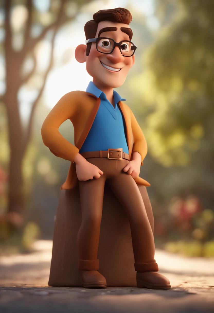 Cartoon character of a man with black glasses and a blue shirt, animation character, Caractere estilizado, animation style rendering, 3D estilizado, Arnold Maya render, 3 d render stylized, toon render keyshot, Personagem 3D, Personagem 3D, 3d rendering stylized, 3 d character render, personagem de desenho animado, Personagem de close up, Pose de personagem,  (Estilo Pixar) (master part:1.2) (Bokeh) (best quality) (pele detalhada) (textura detalhada) (8k) (argila) (Cinematic lighting) (foco nítido