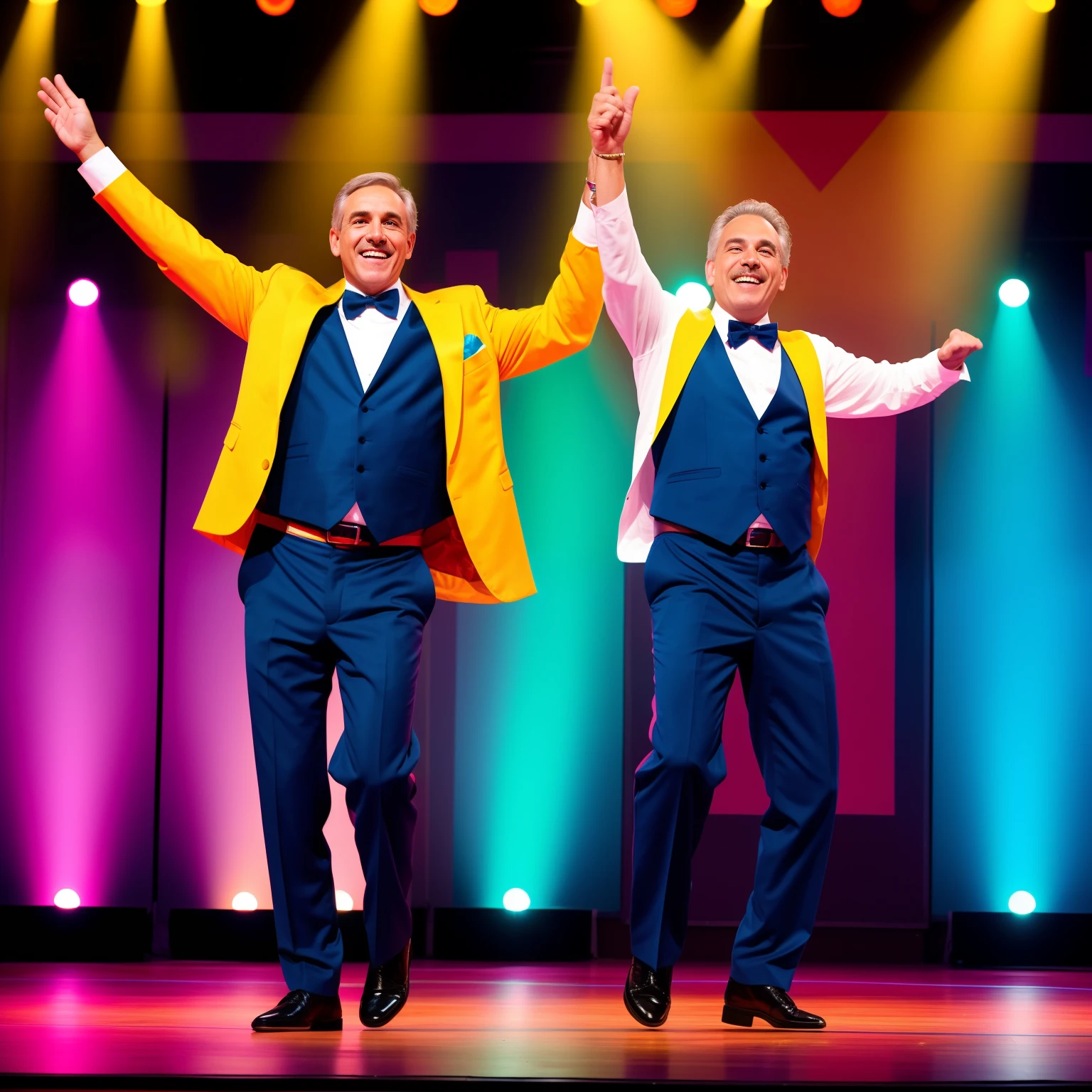 Generate in Pixar 3D Animation Style, A imagem apresenta um homem de 51 anos vestindo terno e gravata, Standing on a stage and dancing with enthusiasm. He's smiling and seems to be having fun as he moves to the beat. The man is positioned in the center of the stage, with arms outstretched, Fully immersed in the dance.
The stage is adorned with a backdrop that adds to the overall atmosphere of the performance. O terno e a gravata do homem, along with your dance moves.