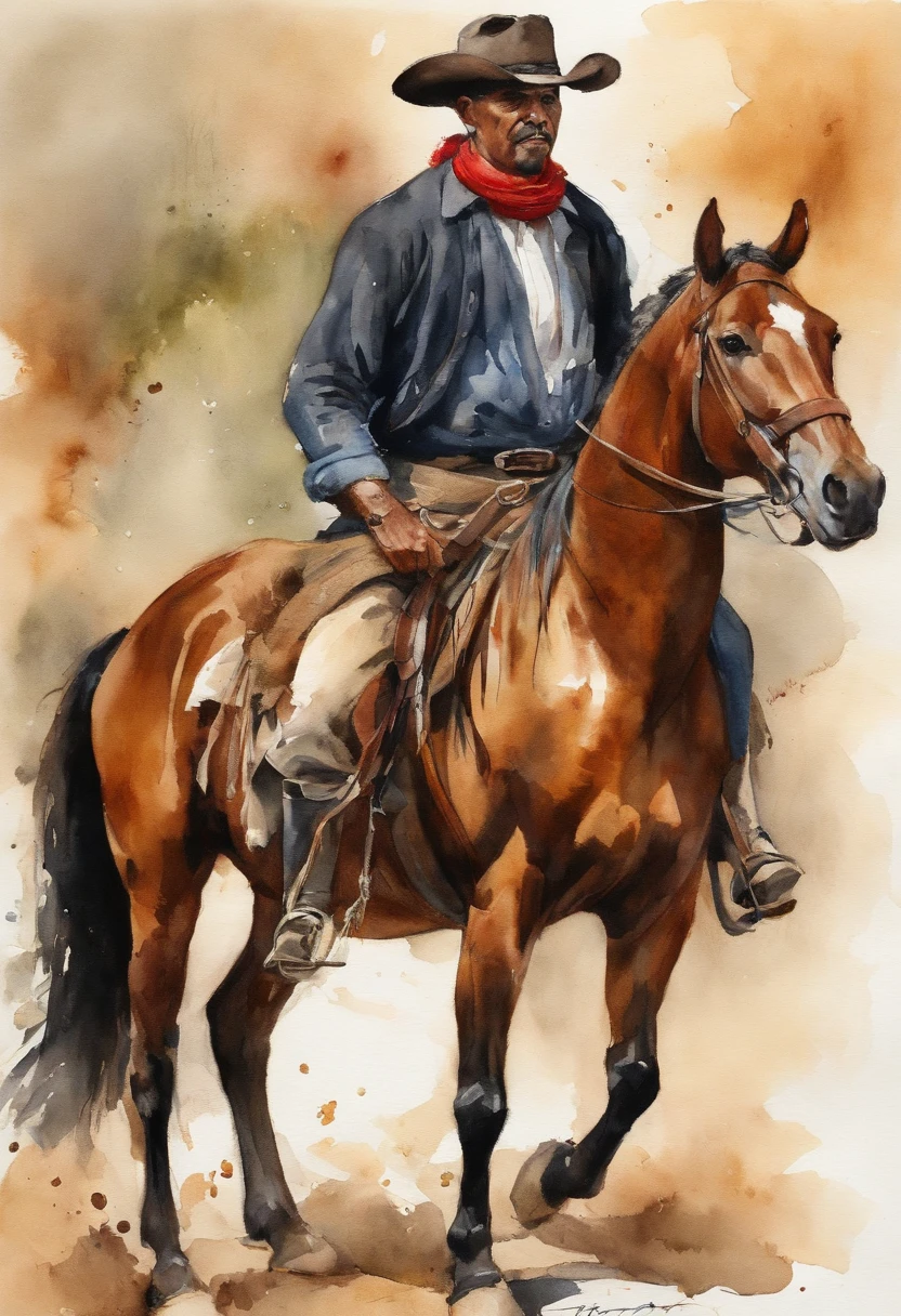 brasileiro, nativo gaucho, Hook, Bald head with hat draped over shoulders , Wide pants , cinta larga, bota de couro, espada, Red scarf with knot, montado em um cavalo negro,