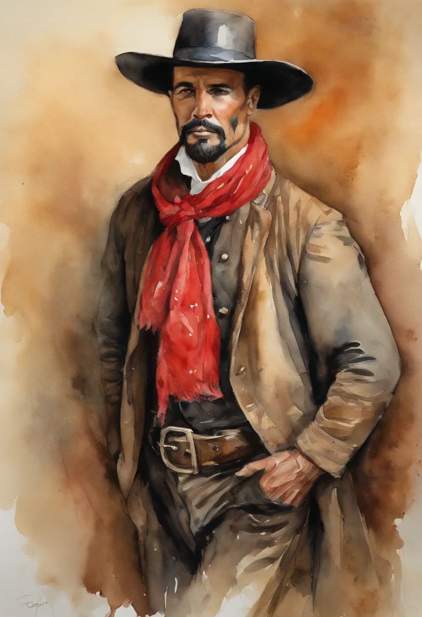 brasileiro, nativo gaucho, Hook, Bald head with hat draped over shoulders , Wide pants , cinta larga, bota de couro, espada, Red scarf with knot, montado em um cavalo negro,
