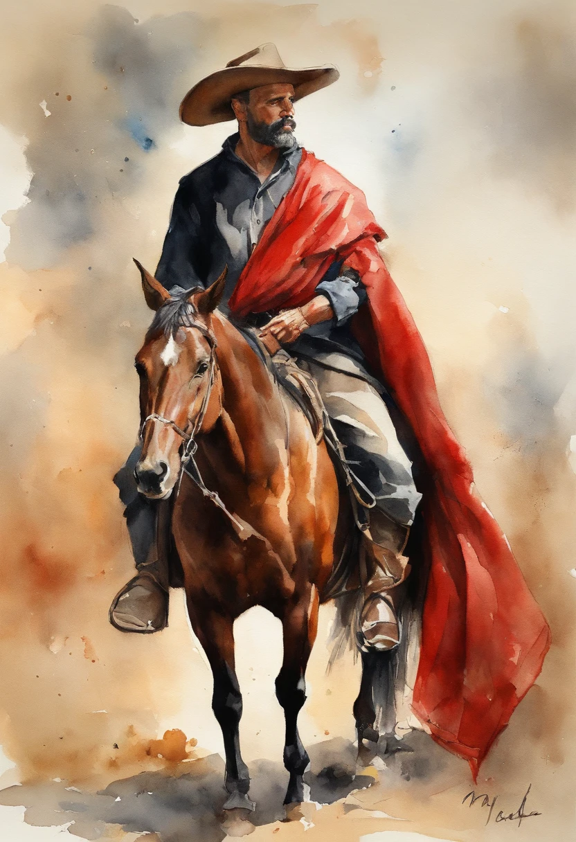 brasileiro, nativo gaucho, Hook, Bald head with hat draped over shoulders , Wide pants , cinta larga, bota de couro, espada, Red scarf with knot, montado em um cavalo ?????,