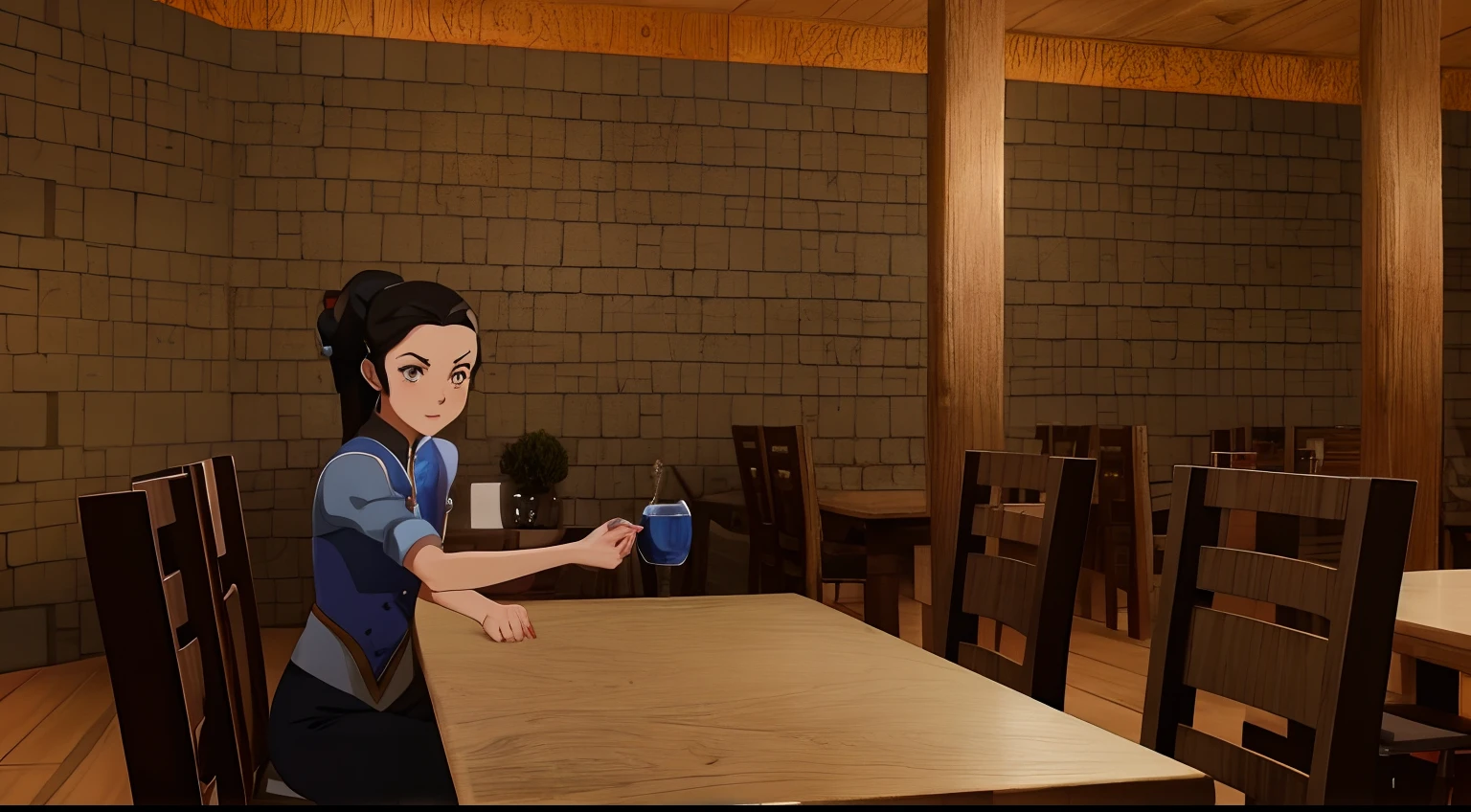 desenho animado de uma mulher sentada em uma mesa com um telefone celular, animado ainda, animated episode still, animation movie still, animation still, filme animado filmado, animation movie still, disney 2d animation still, animation still screencap, Pose atrevida, cena de filme animado, katara, avatar, pose divertida, legend of korra setting, estabelecendo tiro, segurando uma bebida