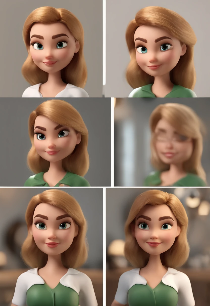 Personagem dos desenhos animados de uma mulher com uma camisa verde, em uma biblioteca ela tem blond hair bem curto estilo pixie animation character, Caractere estilizado, animation style rendering, 3D estilizado, Arnold Maya render, 3 d render stylized, toon render keyshot, Personagem 3D, Personagem 3D, 3d rendering stylized, 3 d character render, personagem de desenho animado, Personagem de close up, Pose de personagem,  (Estilo Pixar) (master part:1.2) (Bokeh) (best quality) (pele detalhada) (textura detalhada) (8k) (argila) (Cinematic lighting) (foco nítido