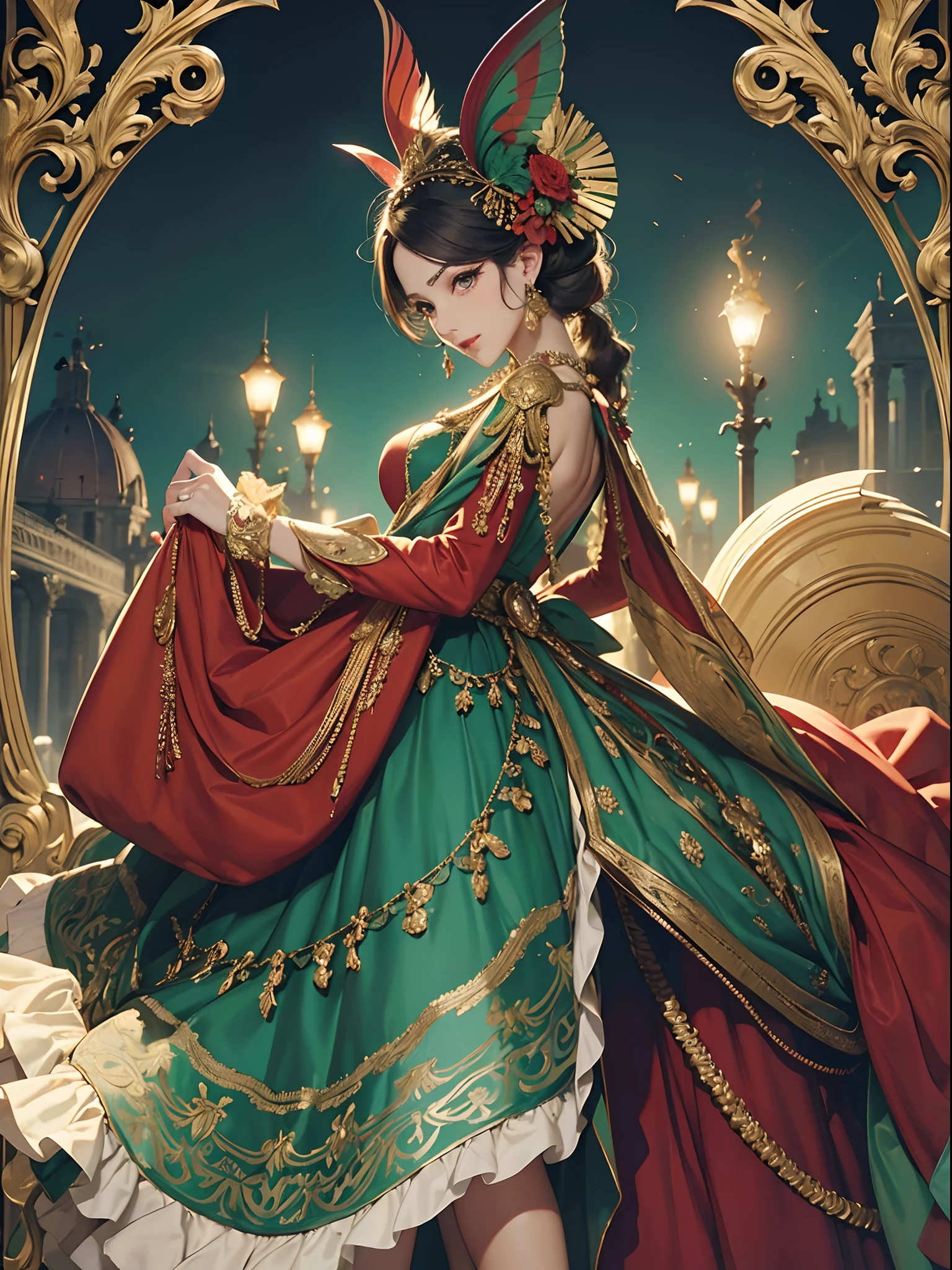 Green and red tones、Vibrant colors、((​masterpiece)))、(((top-quality)))、((ultra-detailliert))、(A hyper-realistic)、(highly detailed CGillustration）、Official art、Rome at the beginning of the 20th century、Decadent、Madame Papillon、Masquerade、Elegance、Masks that cover most of the face、Colorful and detailed mask design、matchless beauty、Fans、gorgeous dress、jewely、Perfect Angle、perfect-composition、full body Esbian