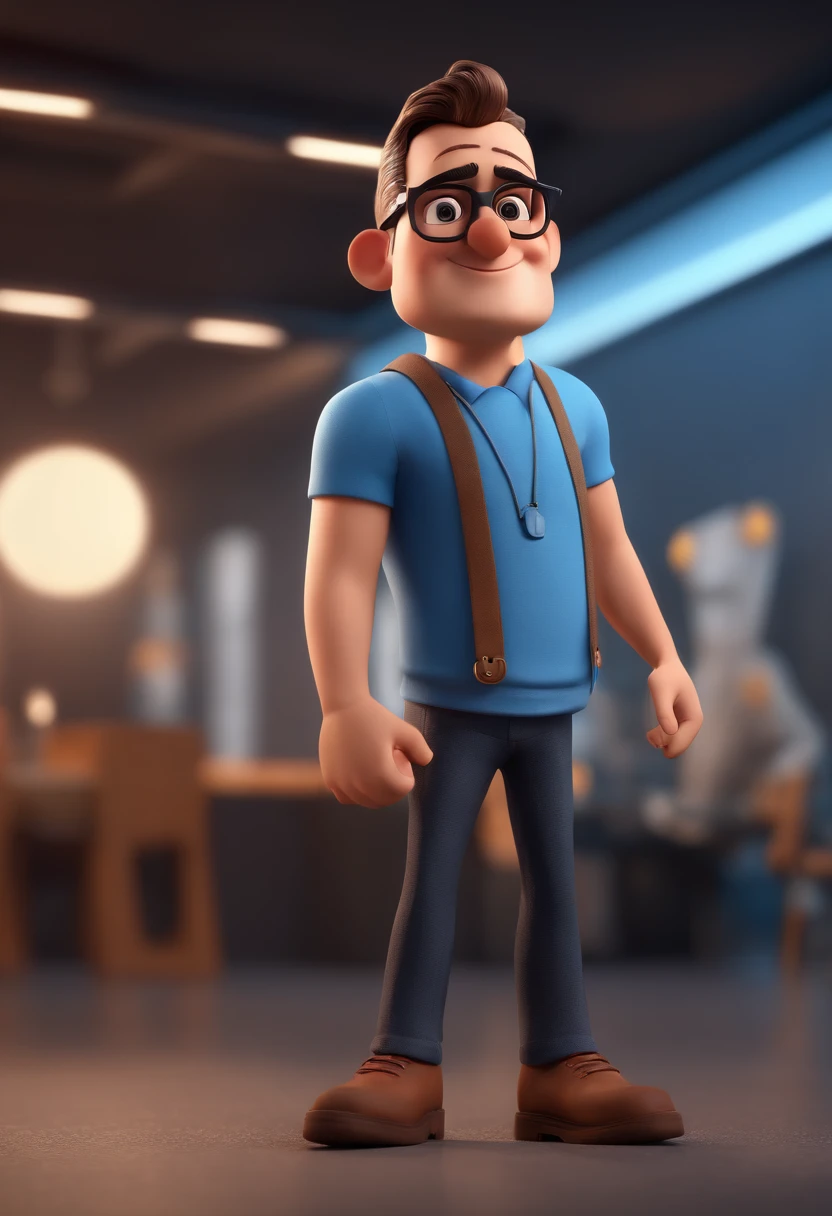 Cartoon character of a man with black glasses and a blue shirt, animation character, Caractere estilizado, animation style rendering, 3D estilizado, Arnold Maya render, 3 d render stylized, toon render keyshot, Personagem 3D, Personagem 3D, 3d rendering stylized, 3 d character render, personagem de desenho animado, Personagem de close up, Pose de personagem,  (Estilo Pixar) (master part:1.2) (Bokeh) (best quality) (pele detalhada) (textura detalhada) (8k) (argila) (Cinematic lighting) (foco nítido