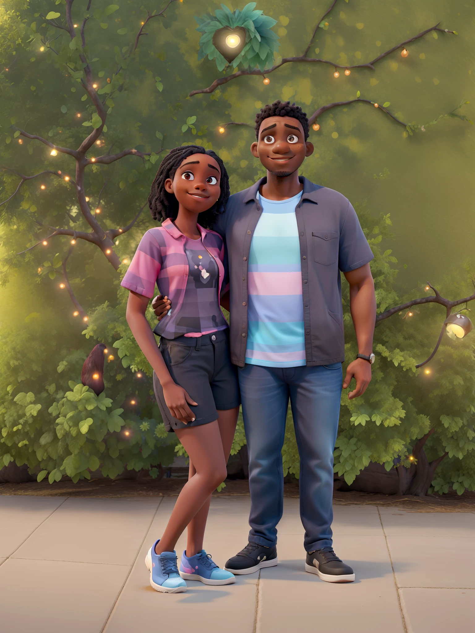 dark-skinned couple, woman wearing black shorts and a short black blouse, the man wearing a blue and pink striped shirt and light blue jeans. hugging each other on a green background with lights illuminating. disney pixer