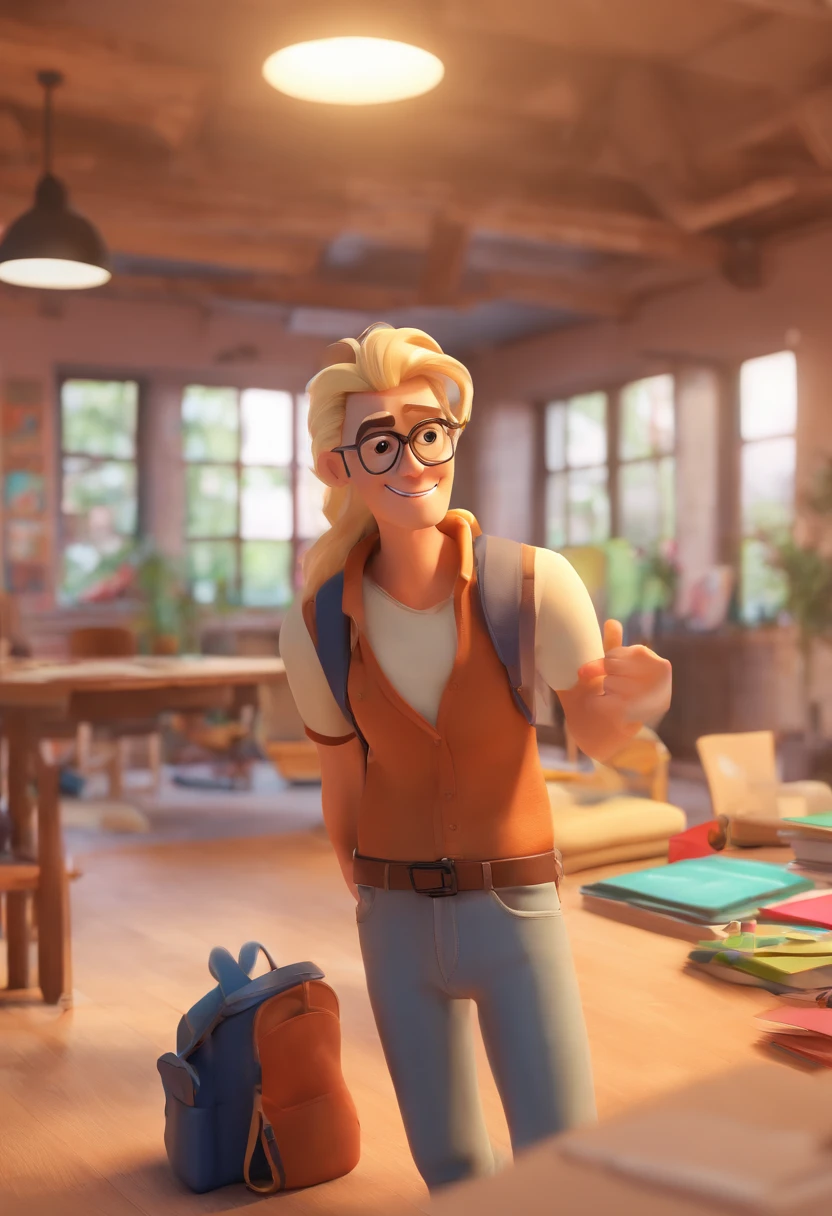 estilo Pixar 3D: Homem adulto pele pele marrom, usando oculos escuros, Strong in Top Tank Top hugging medium hair blonde woman wearing sunglasses, Jeans e camisa preta em uma sala de aula