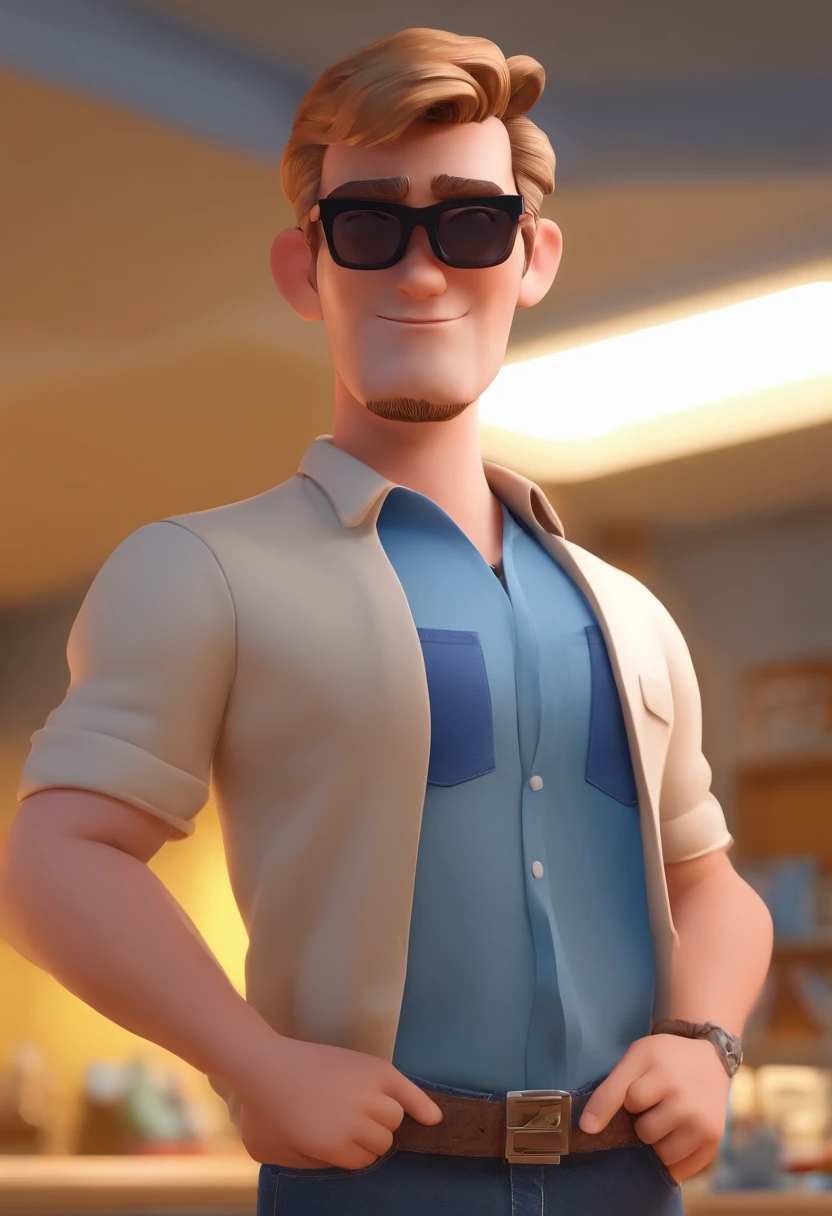 estilo Pixar 3D: Homem adulto pele pele marrom, usando oculos escuros, Strong in Top Tank Top hugging medium hair blonde woman wearing sunglasses, Jeans e camisa preta em uma sala de aula