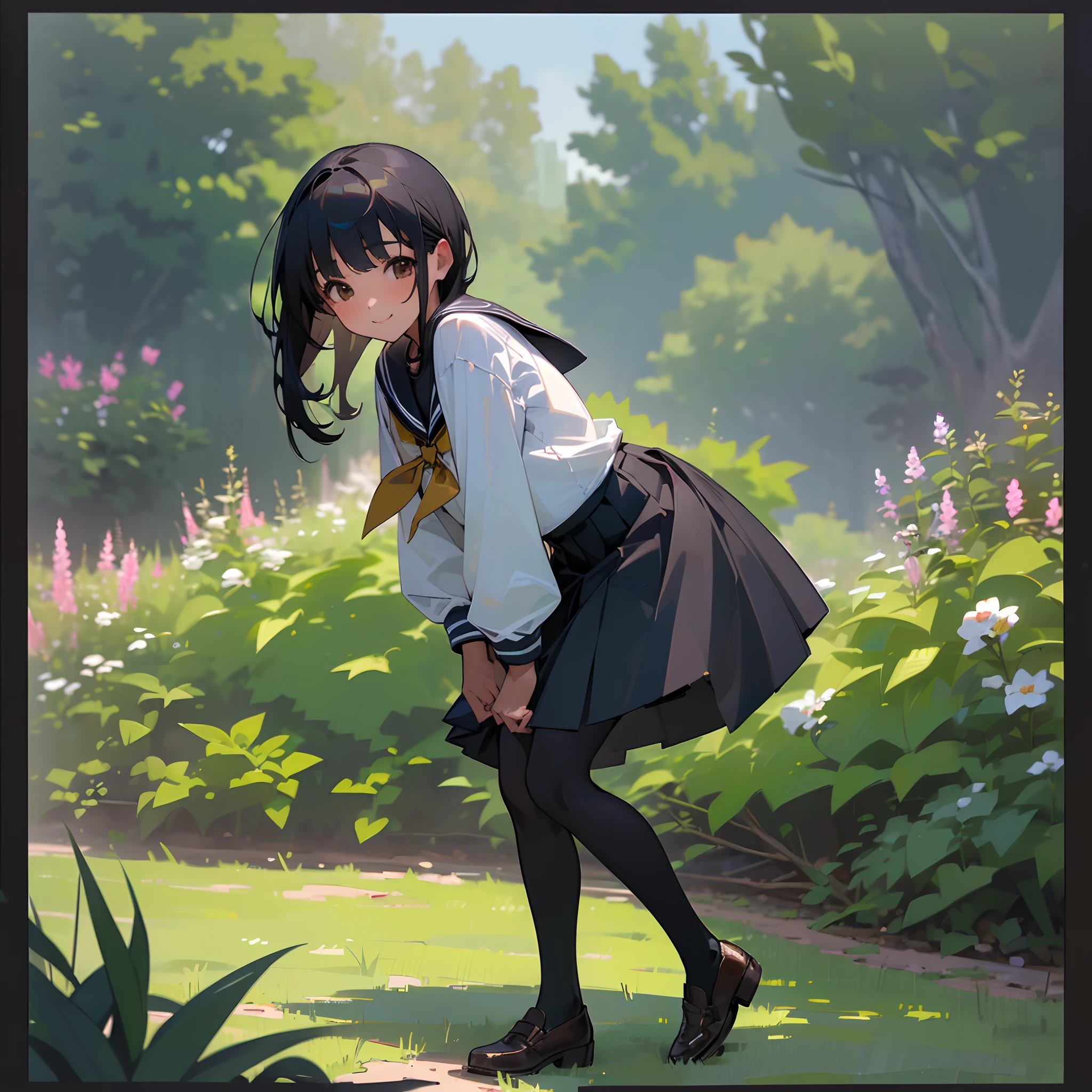 (Best Quality,High resolution,Ultra-detailed,Photorealistic:1.37),peaceful ambiance,(plein air,garden),Teenage girl standing alone,Beautiful detailed features,Cute smile,(Black bob hair),Navy sailor suit,Pleated skirt,Black tights,Brown leather shoes.