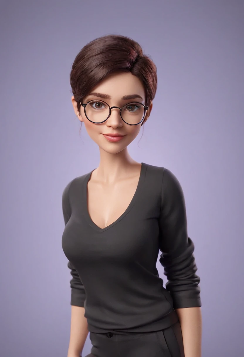 Cartoon character of a woman with lilac colored glasses and a black shirt, All Star Sweatpants & sneaker, cabelo curto Pixie CUT cacheado grisalho,gorda,boca carnuda,olhos mel,Character from The Animation, Caractere estilizado, animation style rendering, 3D estilizado, Arnold Maya render, 3 d render stylized, toon render keyshot, Personagem 3D, Personagem 3D, 3d rendering stylized, 3 d character render, personagem de desenho animado, Personagem de close up, Pose de personagem,  (Estilo Pixar) (master part:1.2) (Bokeh) (best quality) (pele detalhada branca) (textura detalhada) (8k) (Cinematic lighting)