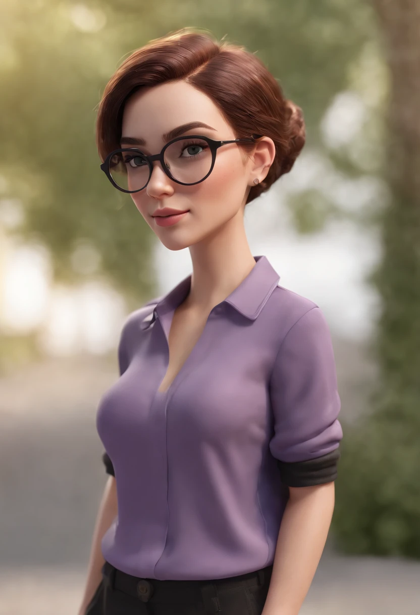 Cartoon character of a woman with lilac colored glasses and a black shirt, All Star Sweatpants & sneaker, cabelo curto Pixie CUT cacheado grisalho,gorda,boca carnuda,olhos mel,Character from The Animation, Caractere estilizado, animation style rendering, 3D estilizado, Arnold Maya render, 3 d render stylized, toon render keyshot, Personagem 3D, Personagem 3D, 3d rendering stylized, 3 d character render, personagem de desenho animado, Personagem de close up, Pose de personagem,  (Estilo Pixar) (master part:1.2) (Bokeh) (best quality) (pele detalhada branca) (textura detalhada) (8k) (Cinematic lighting)