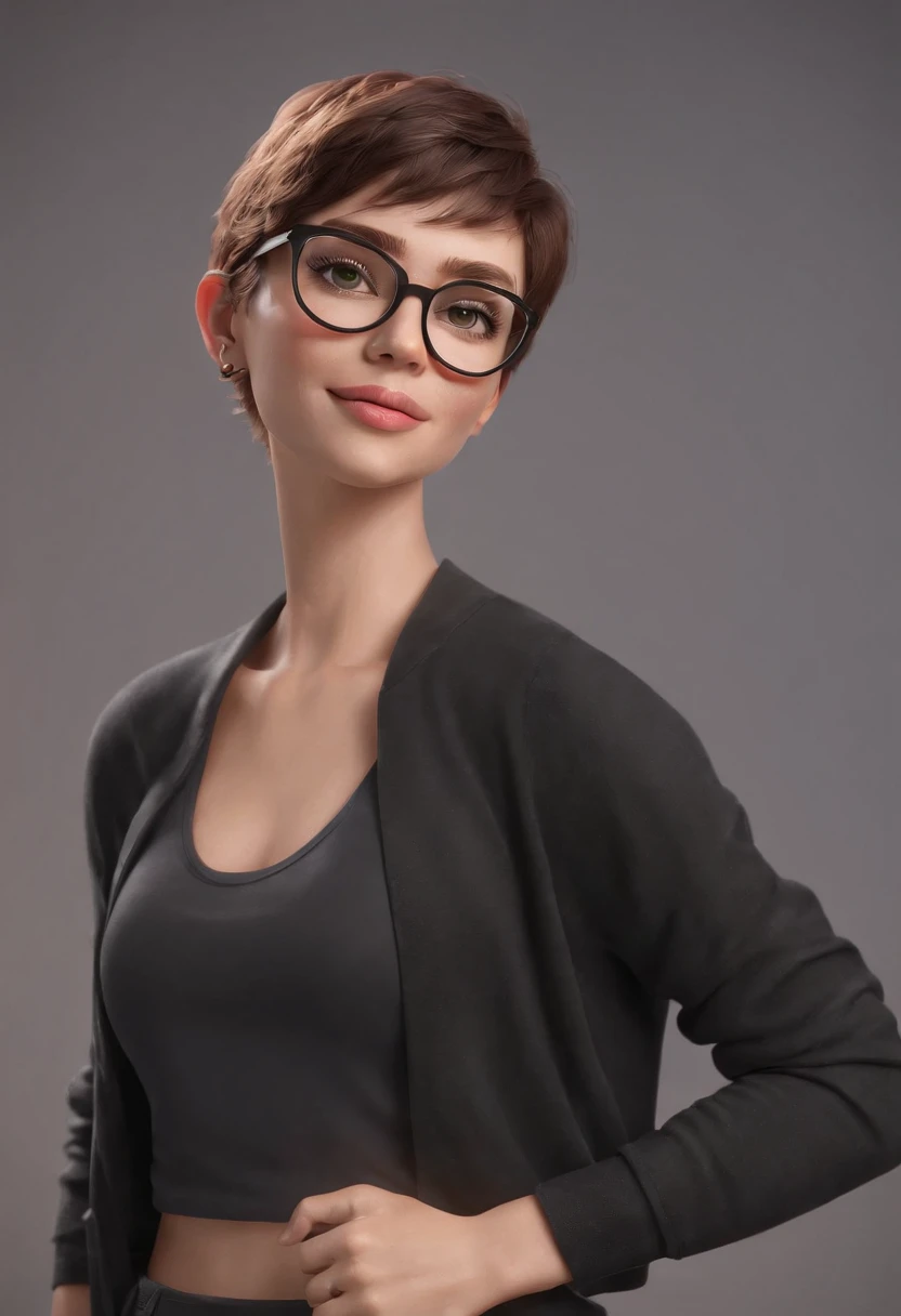 Cartoon character of a woman with lilac colored glasses and a black shirt, All Star Sweatpants & sneaker, cabelo curto Pixie CUT cacheado grisalho,gorda,boca carnuda,olhos mel,Character from The Animation, Caractere estilizado, animation style rendering, 3D estilizado, Arnold Maya render, 3 d render stylized, toon render keyshot, Personagem 3D, Personagem 3D, 3d rendering stylized, 3 d character render, personagem de desenho animado, Personagem de close up, Pose de personagem,  (Estilo Pixar) (master part:1.2) (Bokeh) (best quality) (pele detalhada branca) (textura detalhada) (8k) (Cinematic lighting)