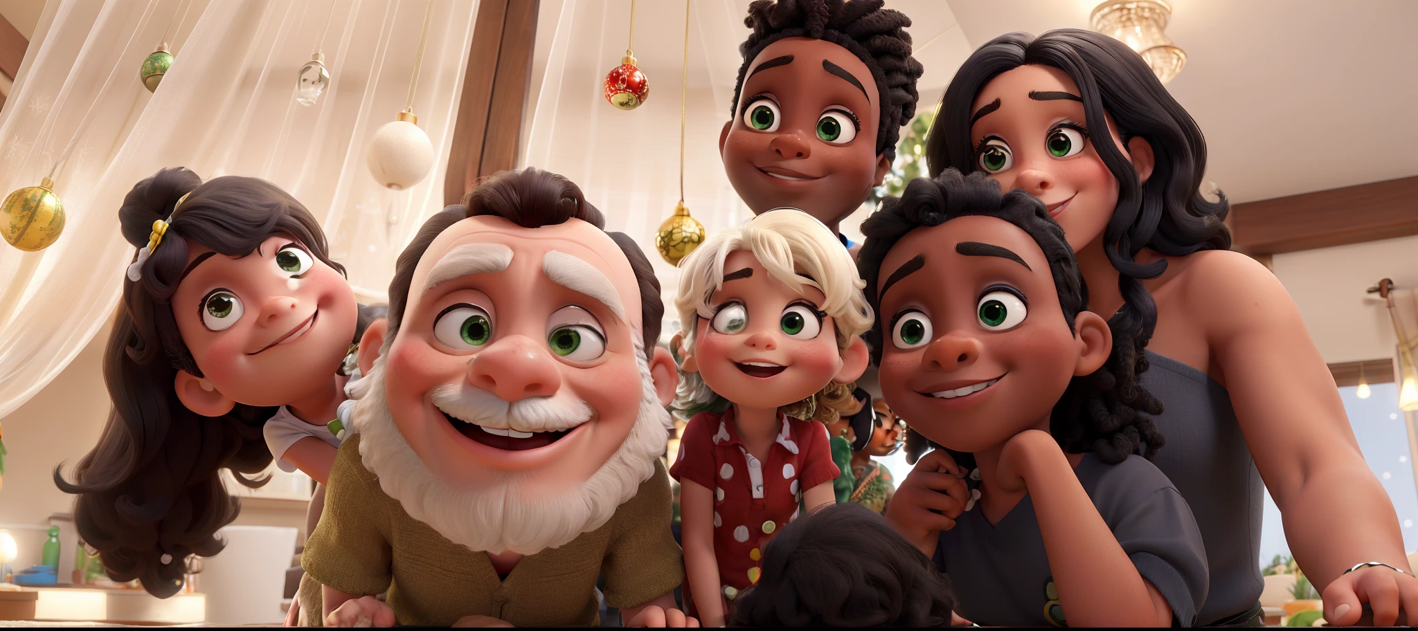 master part, best quality, Use this image and make a version of the disney pixar theme, Happy family in christmas decoration, mulher negra com cabelo crespo curto olhos castanhos, marido loiro de olho verde e barba, filha adolescente de cabelo cacheado castanho na altura dos ombros, filho pre adoslecente negro olhos castanhos e cabelo curto, filha de 5 anos no colo cabelo cacheado de maria chiquinha.