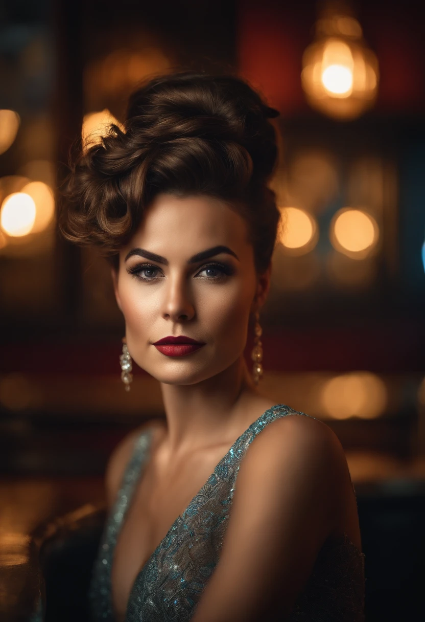 foto retrato de BrittBaker bela mulher cabelo updo upsweep boate sentado no bar (master part) (best quality) (circunstanciado) (8k) (HDR) (papel de parede) (Cinematic lighting) (foco nítido) (intrincado)