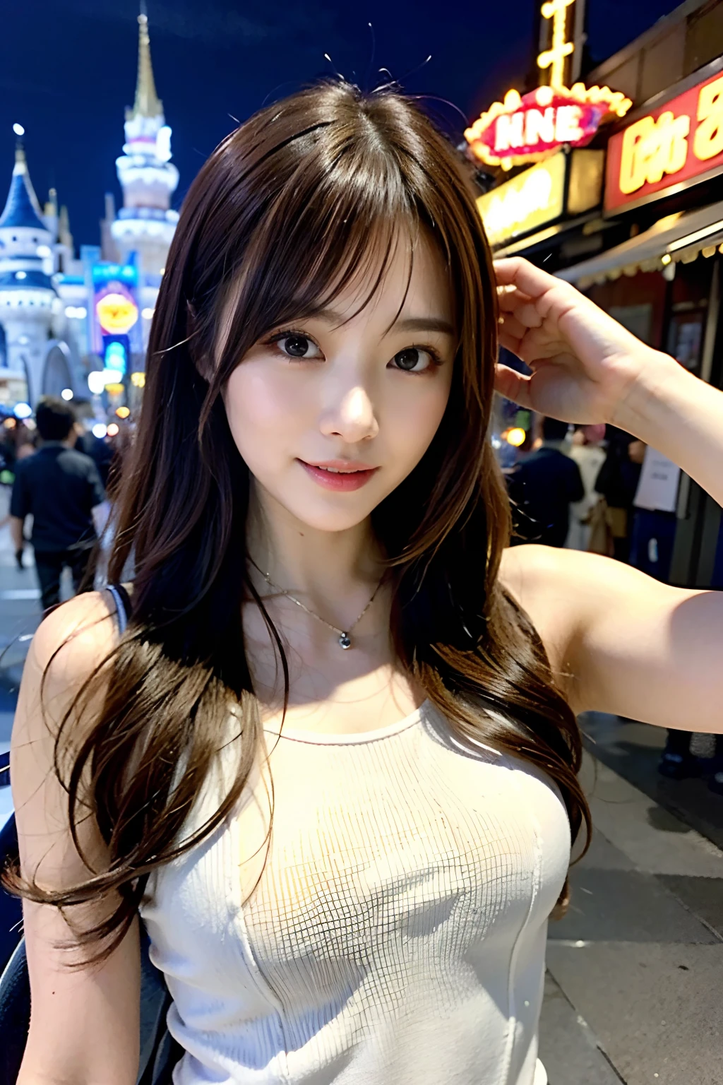 seed;2372725988,((Full Body Angle))、((Front hair:1.3))、((Highest quality, 8k, masterpiece: 1.3)), concentrated: 1.2, Cute girl 1,Nipples erect、 Perfect beauty: 1.4,Summer off-the-shoulder cropped T-shirt、Letter Print、Shorts: 1.2,Long sleeve、Randall Color、comics＆Text Graphics、Black ruffle-trimmed drawstring zip blouse,1.1, Highly detailed face and skin textures, Fine grain, double eyelid, whitening skin, ,Highest quality,Ultra-high resolution,you,1 girl,alone,_Shiny_skin,Iris,necklace,((brown_length_Wavy_hair)),(lips)),eyelash,Front hair,deal with,compensate,Shiny,pore,skin,Large Breasts、((smiling face))、stroll、Selfie、