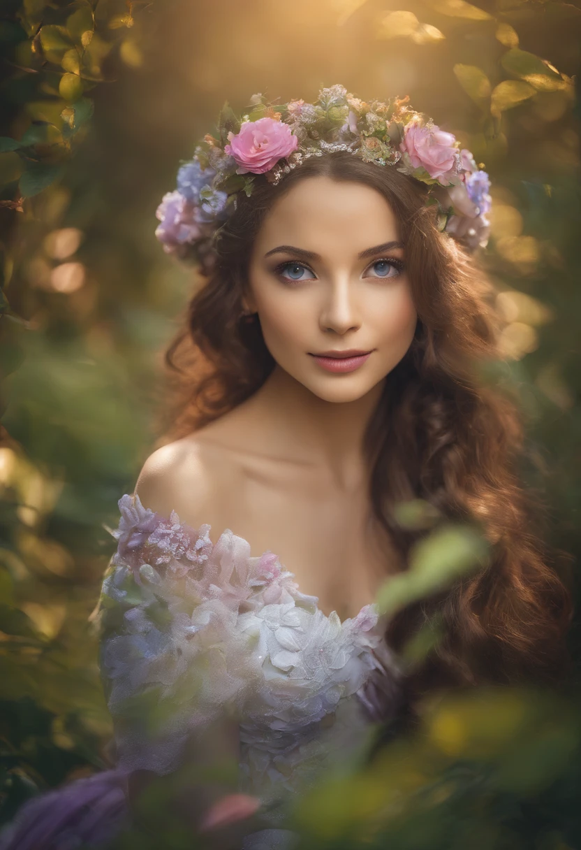 4k, fotografia de retratos, soft-lighting, mulher bonita, garden scenery, pinceladas detalhadas, soft facial expression, cores vibrantes
