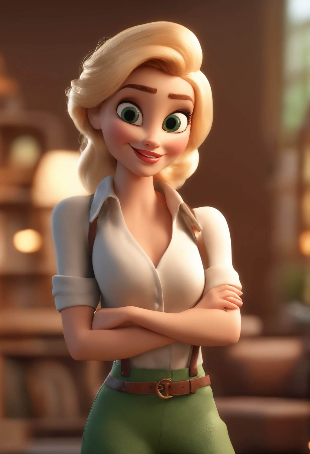 Personagem dos desenhos animados de uma mulher com uma camisa verde, em uma biblioteca ela tem blond hair bem curto estilo pixie animation character, Caractere estilizado, animation style rendering, 3D estilizado, Arnold Maya render, 3 d render stylized, toon render keyshot, Personagem 3D, Personagem 3D, 3d rendering stylized, 3 d character render, personagem de desenho animado, Personagem de close up, Pose de personagem, (Estilo Pixar) (master part:1.2) (Bokeh) (best quality) (pele detalhada) (textura detalhada) (8k) (argila) (Cinematic lighting) (foco nítido