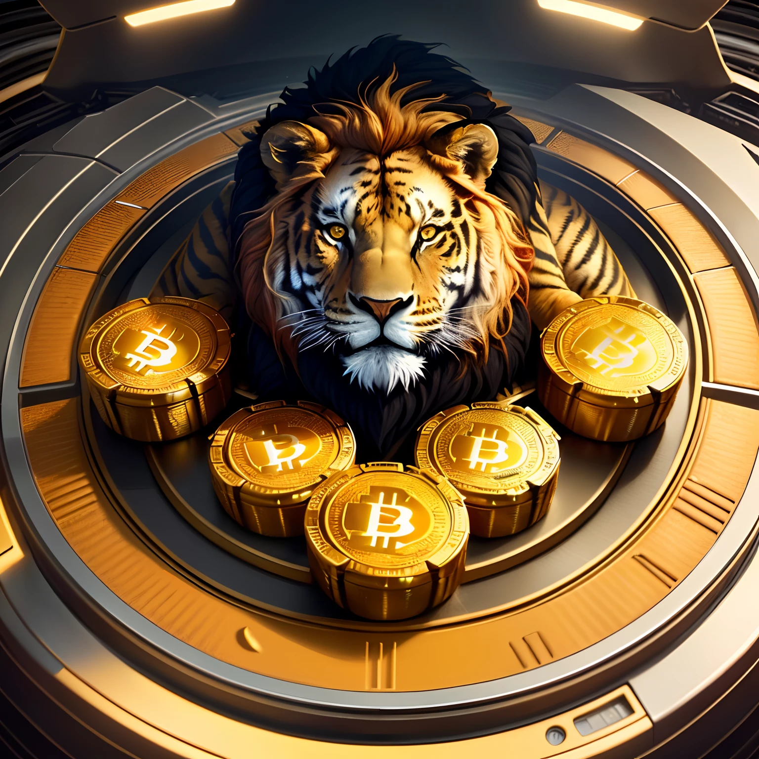 Create a lion and a tiger carring Bitcoin